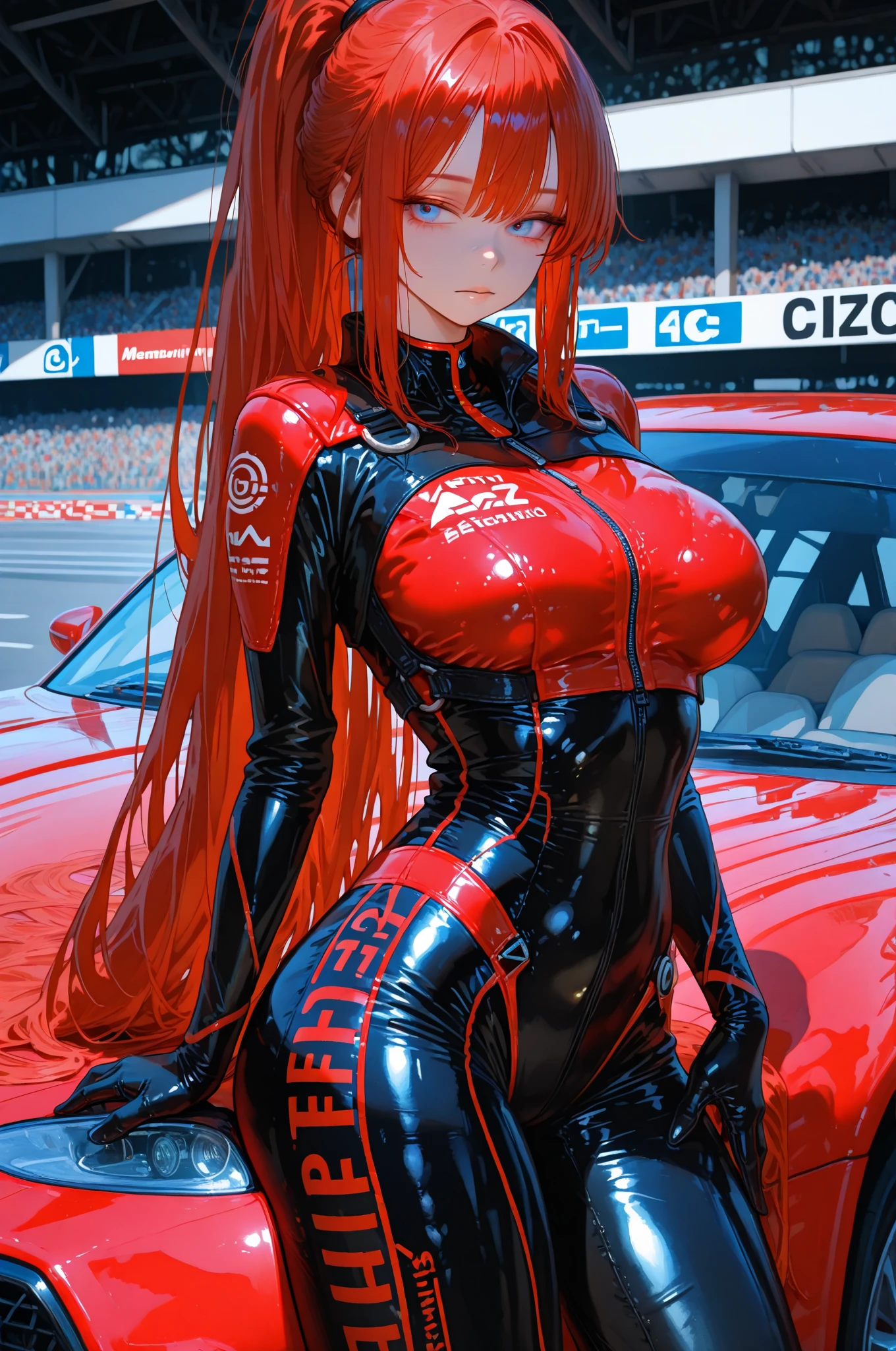Masterpiece, Ultra high graphic, 1 Girl, red hair ponytail, hair between eyes, ((Sitting on the car:1.2)), Random low angle, cute, looking at viewer, blushing, little smile, tight racing outfit, gloves, dizzy, mid-chest, spread legs, day atmosphere, Very sexy, nfsw, hands on your pussy