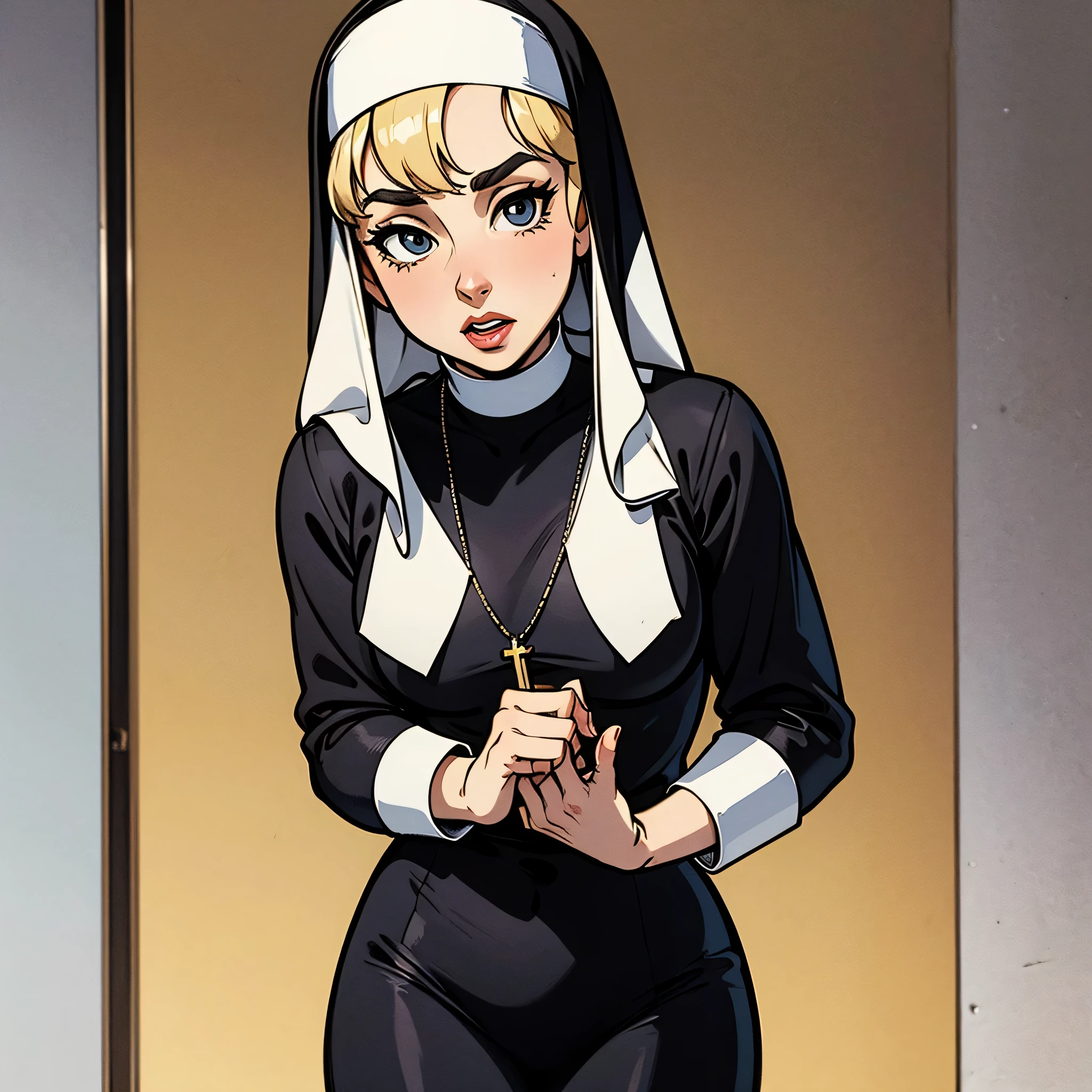 4K，realisticlying，Nun uniform，Huge breasts，Super detailed face，Detailed eyes，busty figure，whole body picture，Slender thighs，slendered abs，black lence stockings，Masterpiece，squatting on the ground，（tmasterpiece，top-quality，best qualtiy），Good shadows，well-composed，Good anatomy