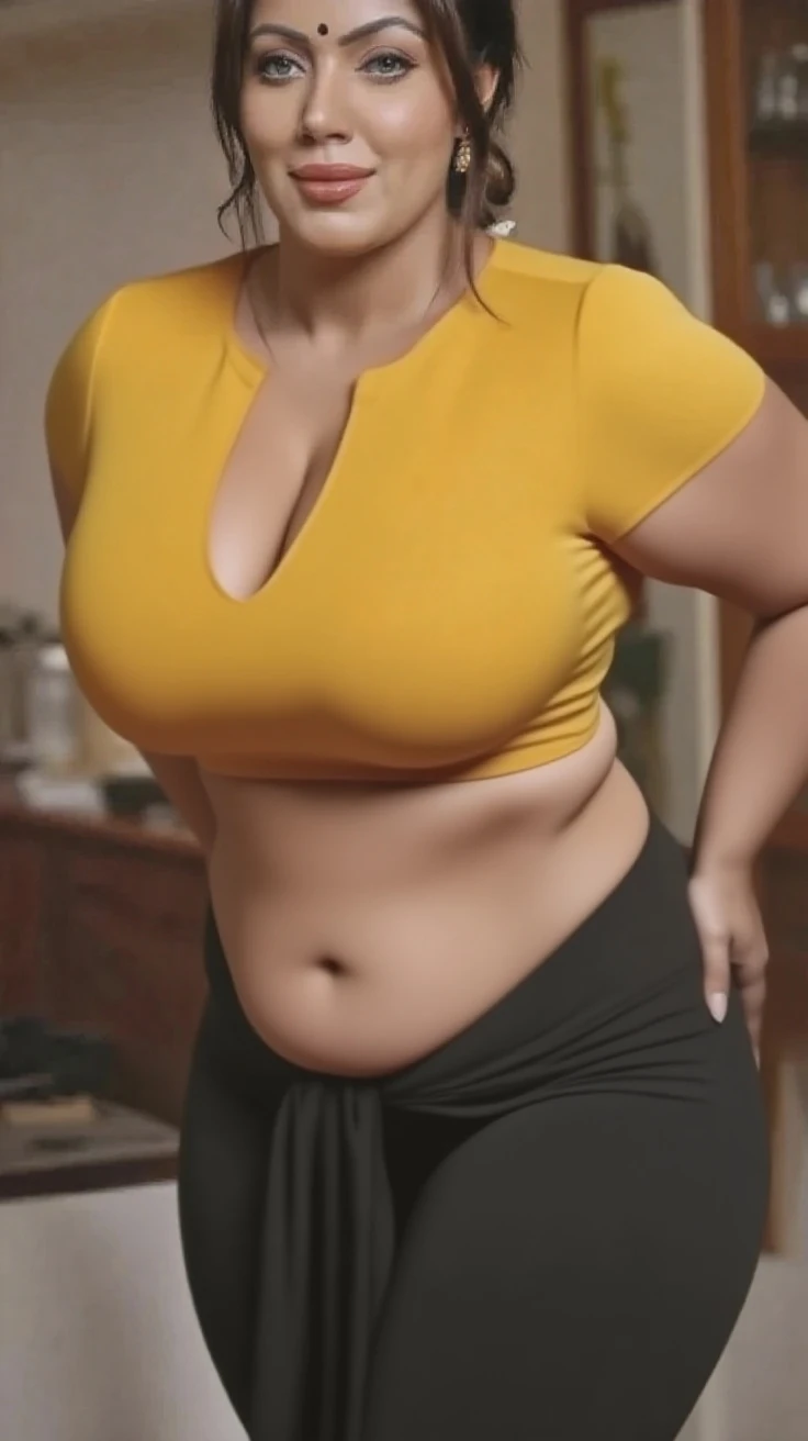 total uncovered forehead, brown very short shaggy shaved hair elderly older mature cheeky spectacled confident lady in a brown shirt and beige low-rise flared pants, fatty body with slightly abs, wearing a sexy cropped top with unglued V-neck, chubby feminine fleshes, 90 years old meaty woman, close up shot, succinct shirt, wearing an unbuttoned blouse pinned by one only ivory button, alluring fleshy model, ((best quality)), ((masterpiece)), (detailed), perfect face 