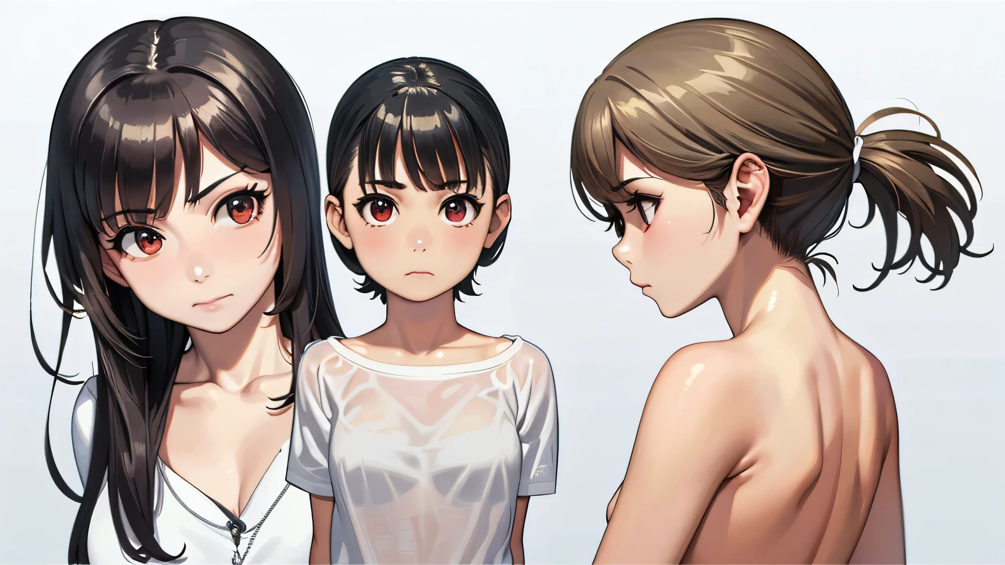(( Fleet Collection、Kantai Collection、Yao、standing,multiple views)),((whole body、whole body,nude))、woman,whole body写真, ((white background))) 、Best image quality, high quality, The background is clear,きれいなwoman, Japanese, detailed, detailed eyes, detailed skin, Beautiful Skin, 超High resolution, (reality: 1.4),とても美しいwoman, A little younger face, Beautiful Skin, thin, (Ultra-photorealism), (High resolution), (8k), (非常にdetailed) 、(Beautiful and detailed eyes), (非常にdetailed), (detailed face), Displaying the viewer, Fine details, detailed face, smile,Straight,Looking Ahead, StraightLooking Ahead, Photo Real, Baby Face,Hairstyle: ponytail、short hair,Brown Hair、smile、Very delicate body、Flat Chest、belly button、thigh gap, over one eye, from below, multiple views