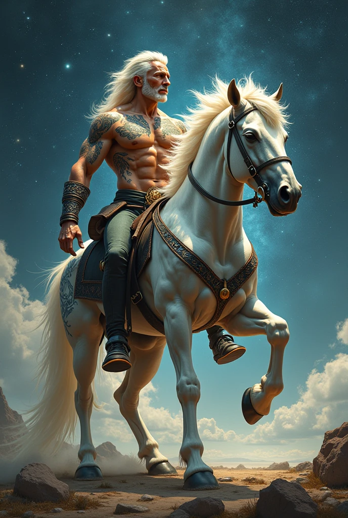 centaur, muscular human upper body, horse lower body, in a vast meadow under a starry night sky, gentle mist and magical light, wearing mystical accessories, peaceful and otherworldly atmosphere, stars and shooting stars in the background