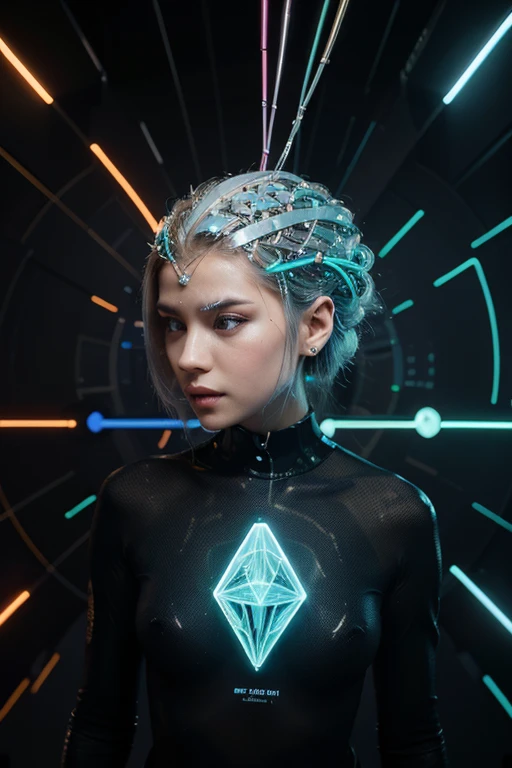 A scientist interacts with a holographic AI interface.