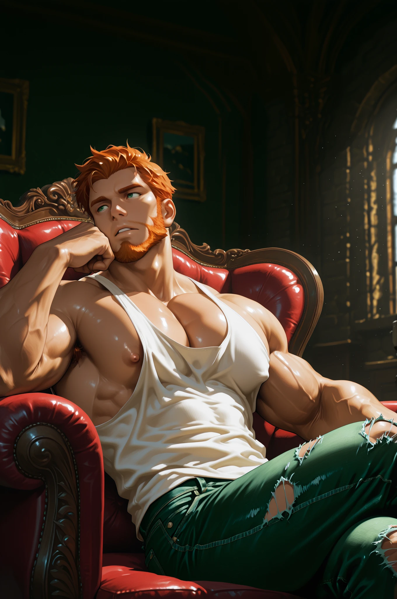 Garfield if he were a man, beautiful young man, muscular, red-haired.