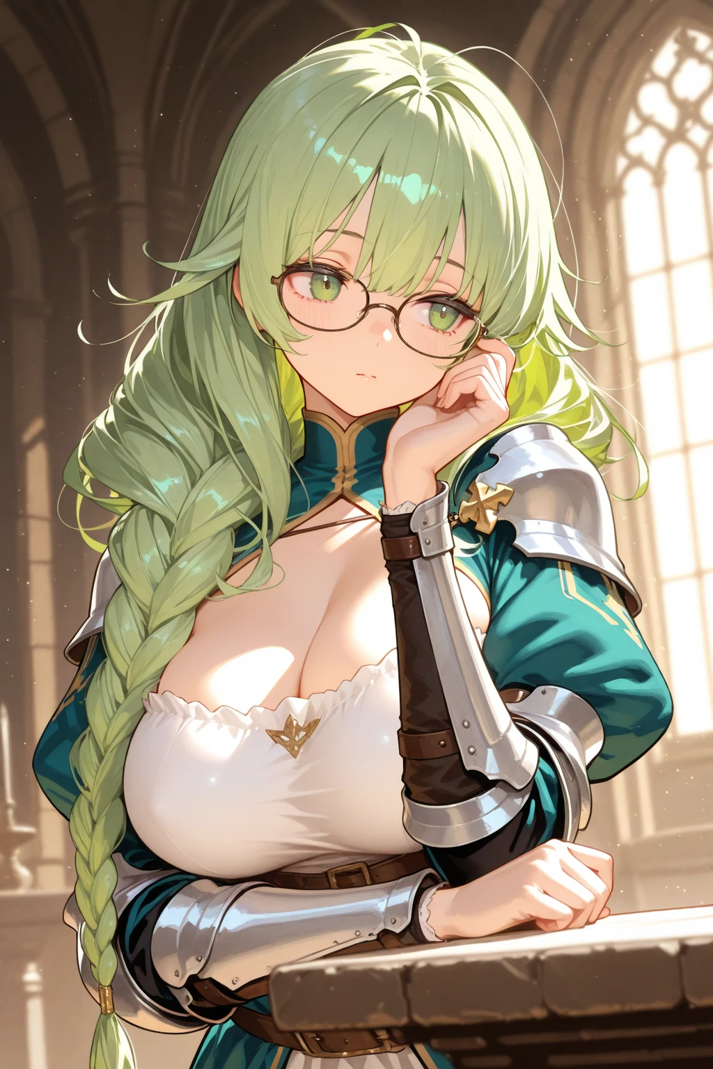 Adult female, curvy body, thick body, DDD size breasts, dragon scales, dark green hair, medium length hairstyles, light cyan blue eyes, ram horns on top of head, pointy ears, very beautiful, glasses, septum piercing.