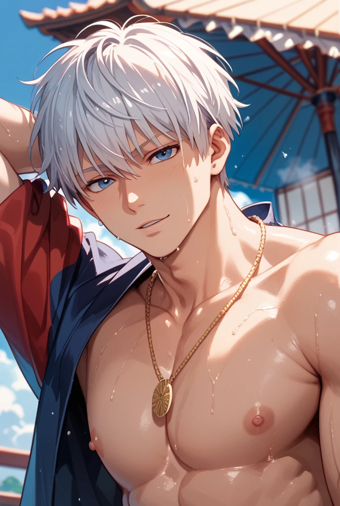 Satorou Gojo sitting on his bed, egocentric look, naked, on-air member, fully erect, wet penis, muscular, short hair on the sides, long hair up, White hair, bright blue eyes, perfect light, focus on his penis, perfect penis, depilated, perverted look, smile showing your teeth
