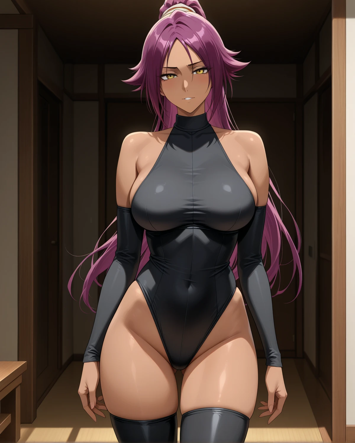 Close-up of a woman with long purple hair, Brown eyed woman, solo, Big Breasts, had very large breasts, Made by Anime Artist Studio, , clothing:purple leotard, A woman is standing, leotard with an purple, Anime Style, Muscular Woman, Feminine and muscular, Skin-tight leotards, tall, High school girls, Adult sex appeal, Wore pantyhose, Anime ????!!!!, Skin tight pantyhose, leotard top with an tank top, leotard bottom with an high leg,pantyhose with an brown, Bare Arms, Leotard and pantyhose only, Cowboy Shot, Woman focus looking at viewer,