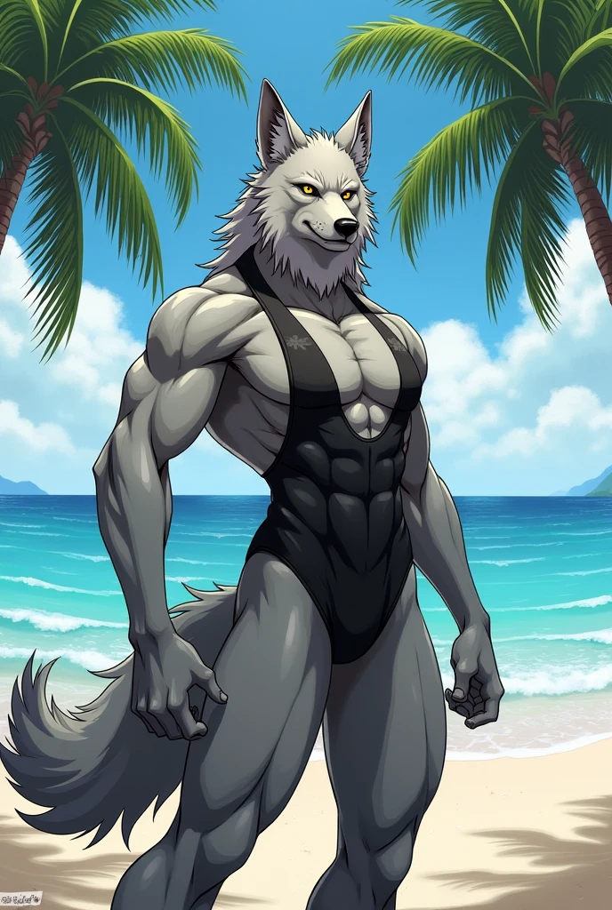 4k, high resolution, best quality, perfect colors, perfect lighting, bright fill light, (low-angle shot:1.2), furry, solo, wolf, male, adult, shirtless shorts briefs, bulge, nipples , sweat, ((correct anatomy)), (scars, epic, masterpiece:1.2), detailed beach background, beach, warm tone, wolf tail, (detailed wolf eyes:1.2), handsome face, attractive cool aroused face.