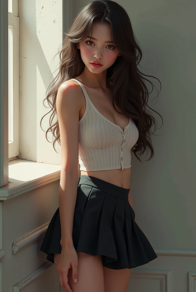 (Cara De Levigne: 3.8), sensual, (ripped tank top: 1.8), (ripped skirt: 1.4), smiling, arms behind the head, ((focus on eyes and mouth)), shy, (groin: 1.7), (groin: 1.5), collarbone, belly button, natural light, extremely detailed, 8yk, raw photo, high level of detail, (ray tracing), (masterpiece), (best quality), high resolution, (realistic: 1.4), physically based representation, ultra-realistic, full body