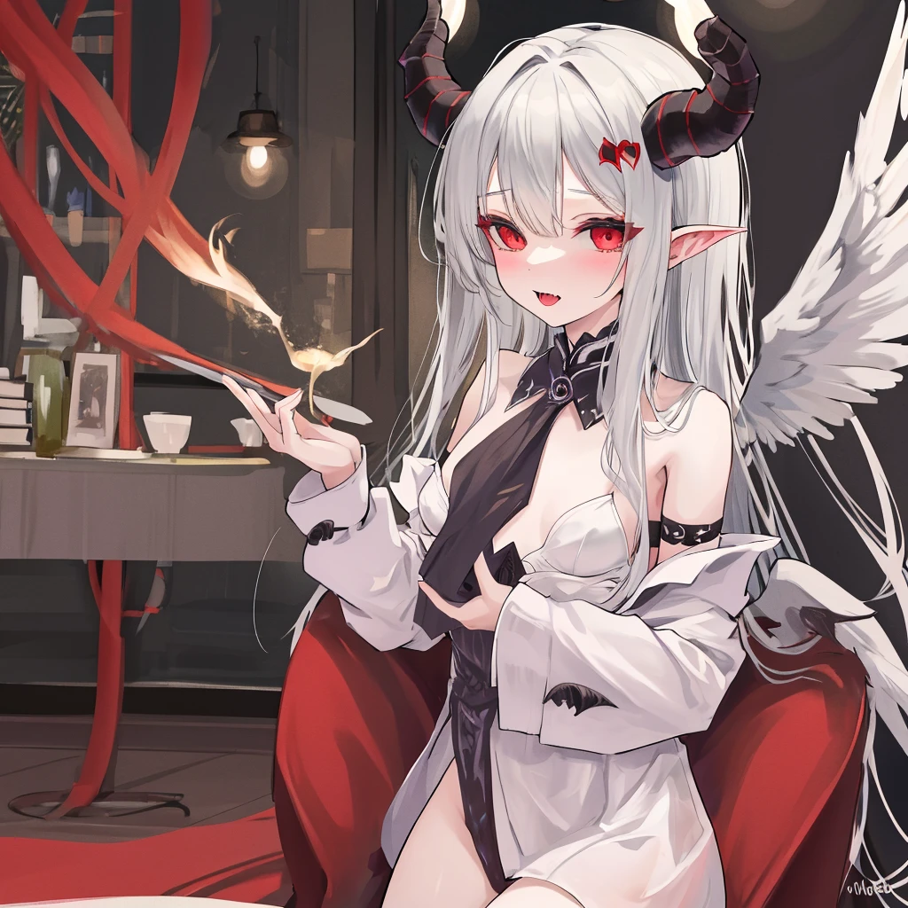 (Masterpiece: 1.2, best quality), (best lighting, very delicate and beautiful), (best lighting, very delicate and beautiful), (beautiful detailed face), (detailed face with detailed eyes: 1.2), dark fantasy, ((Style Swirl Magic: 0.8) girl, little beast, 1girl, solo, crazy smile, pale skin,(and big tattoos all over the body), Tribal tattoo on thigh, gray hair, glowing red eyes, ((The shape of the pupils of the left and right black eyes is different))dynamic angle, vampires, (in the room, sitting in a chair and reading a book with legs crossed), (red moon, red sky), pointy_ears, fangs, demon wings, demon horns, blood on face, blood rain, blood mist, (depth of field), high contrast, (blood splash: 1.4), cowboy shot, full body, negligee