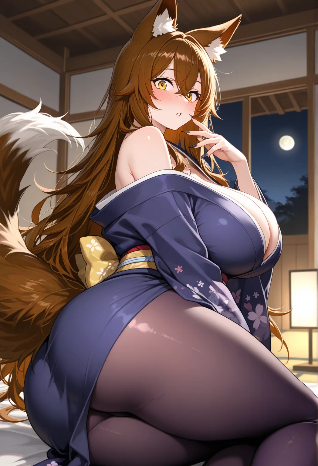 (Masterpiece: 1.5), (Best Quality: 1.5), Perfect Eyes, Perfect Face, Detailed Eyes, Volumetric Lighting, 1 Woman, Mature Woman, (Whiteness: 5), fox ears, fox tail, dark brown hair, green eyes, long hair, sexy, full body, kimono, wet skin, shiny skin, tight clothes, shiny clothes, oily skin, oily clothes, enormous breasts, cleavage, revealing clothes, thick thighs, wide hips, tall woman, bubbly ass,