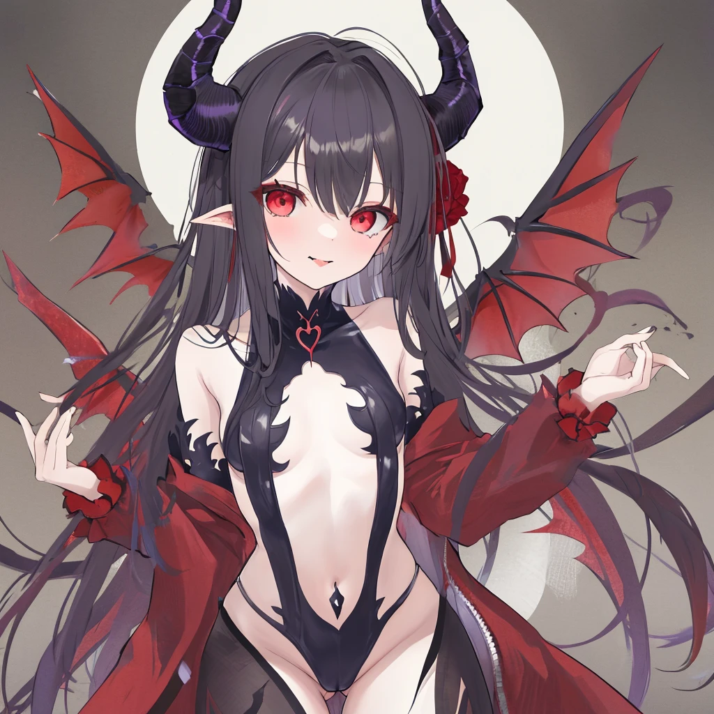 ((Best masterpiece, Perfect quality, Ultra detailed)), A succubus female with small bust, With demon-tail, With tiny wings, A sigil shaped-uterus on her abdomen, Wearing black bikini, From above angle, Gorgeous detail
