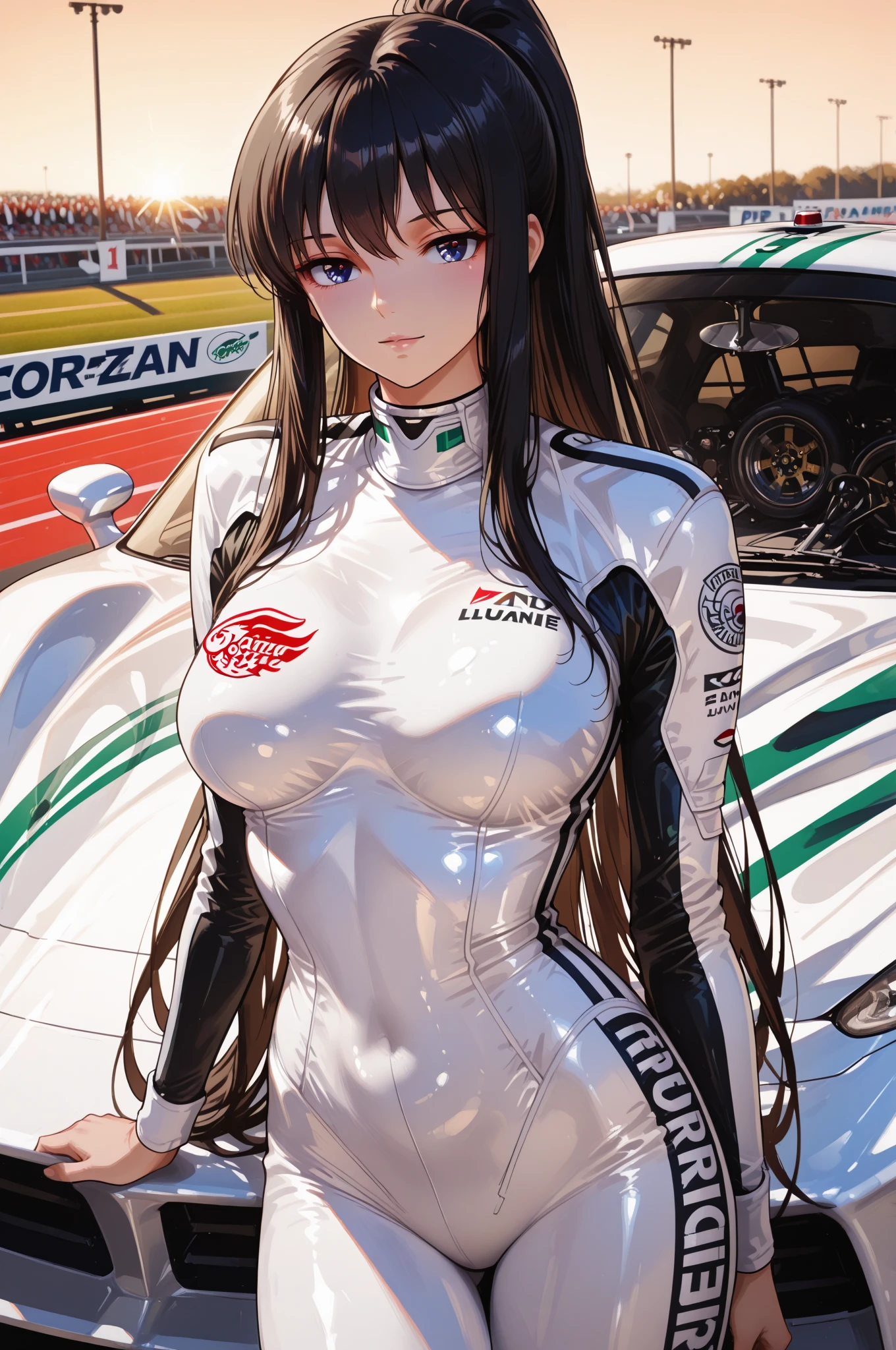 masterpiece,(ultra-detailed),1girl,drenched all over the body, car, Sweating profusely,Liquid dripping,racecar, circuit, black bodysuit, cropped jacket, white jacket,Smile long sleeves, two-tone gloves, thigh boots,The belly is exposed,large bust,Large breasts,long leges,Love Hoshino of racing,Flame it up, 蹲下or stand or sit down,In the middle of the night,drenched all over the body,Behind you is a professional racing track,Abs,drenched all over the body,Eyes rolled up,scantily clad,big breasts exposed cleavage,drenched all over the body,