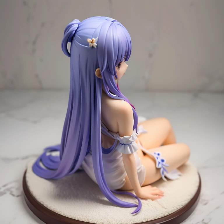 Himari Meimei, masterpiece, slim thighs, petit body, little young girl, flat chest, {1 Girl}, Cute and shy smile, Highly detailed sparkling purple eyes, In summer beach, nudist beach, 困り眉, open legs, legs up, silver grey hair, lying on beach bed
