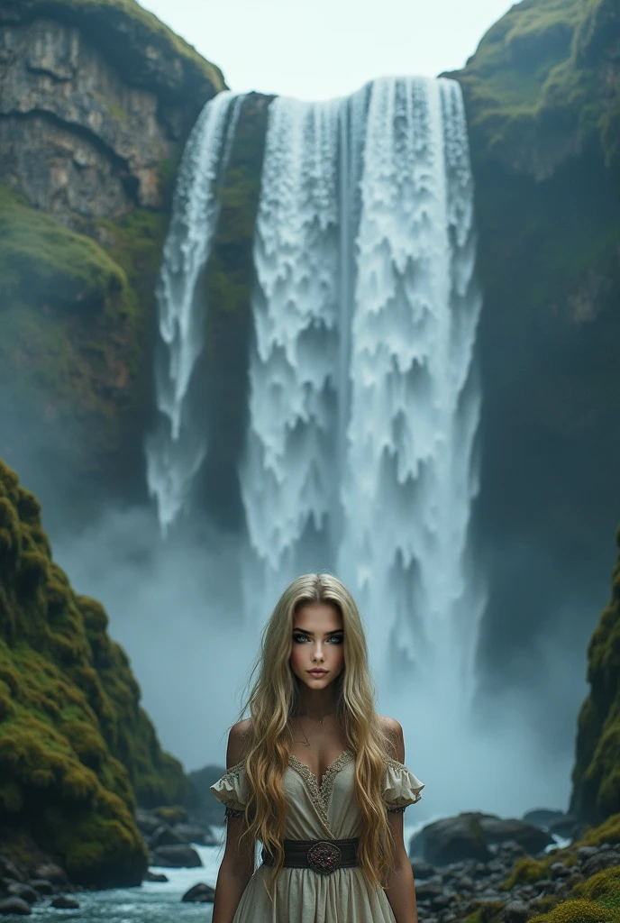 In an 8k resolution photo, a stunning Transylvanian woman with a perfect physique, platinum blonde hair flowing down her back like a river of gold and piercing blue eyes takes center stage at the edge of a huge waterfall overlooking the valley. Her features are accentuated by bright red lipstick and large gold hoop earrings. Round bangs frame her face as she sits confidently facing the camera. She wears an elegant black camisole that shows off her perfect body.
The high-angle shot captures the grandeur of the majestic waterfall's peak, with the woman situated at its edge, overlooking a breathtaking valley. The deep view expands to reveal a fusion of lush forest, waterfall, river, volcano and lava flow amidst the darkness, as if the very forces of nature have converged in this mystical realm.