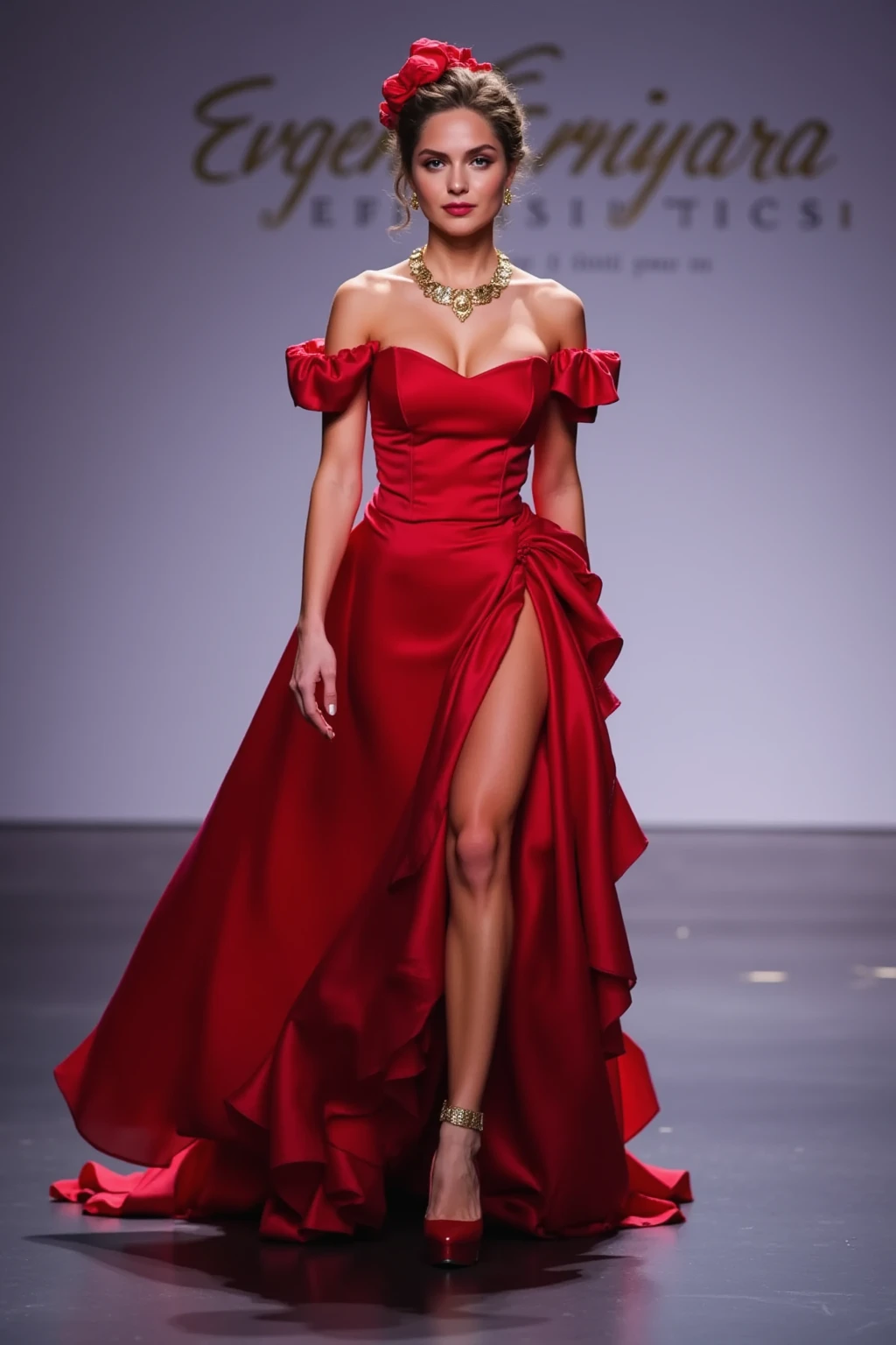 Front view, Full-body, on road fission show stage, walking on stage , French female, Age: 20 age-old, (brown hair , chignon , fringe, green eye, beautiful lip, serious), (middle cup breasts, slender whist, middle hip) ,(red silk gorgeous blous:1.3), (black HI-heal), (gold ring earring, gold neckless, bracelet), under wear fission show, UHD, accurate, anatomically correct, textured skin, beautiful fingers super detail, high details, high quality, best quality,