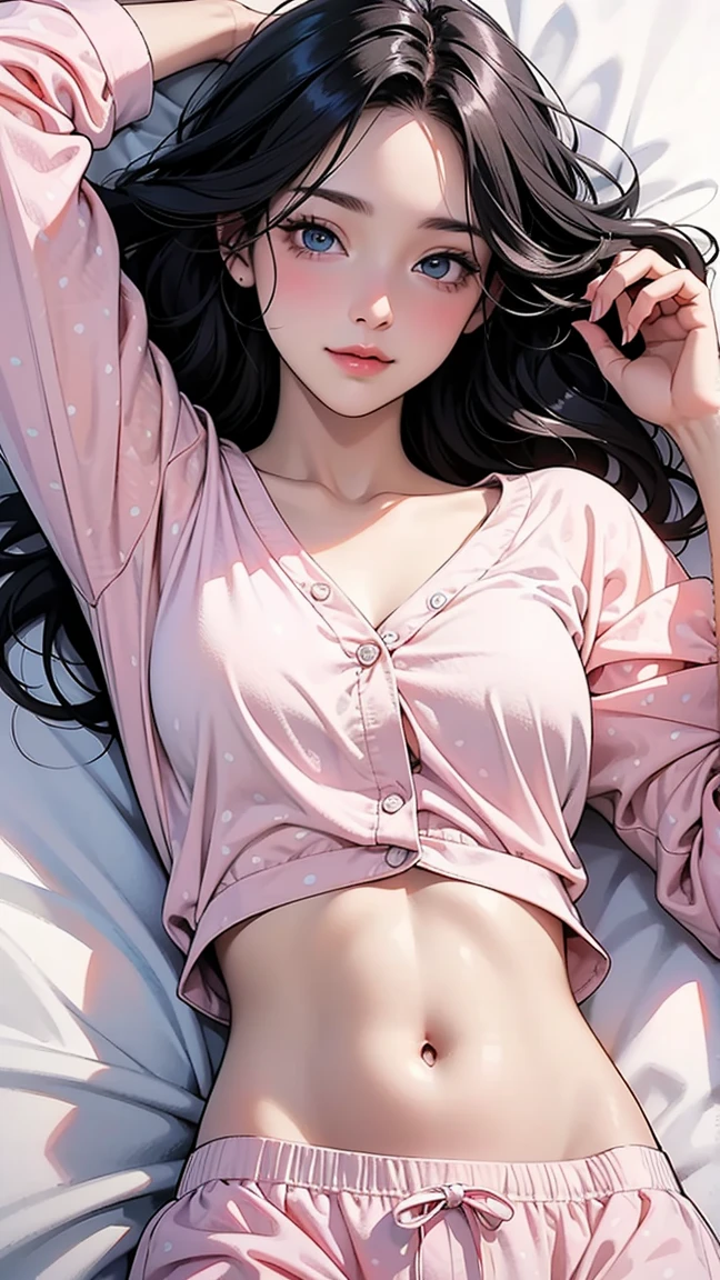 1 girl, ((black straight long hair)), standing sexily, looking at viewer, ((beautiful pink eyes)), ((wearing a pink lingerie)), nice realistic bedroom, pink wall, black choker, natural eyebrows, full_body, thick thighs