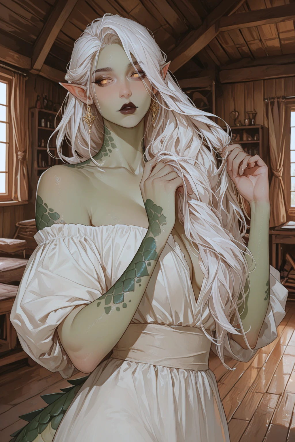 high quality: 1.3, cinematic frame, masterpiece, very detailed bright portrait, drow (elven long ears), ((Girl with gray skin)) (beautiful young woman), pretty face, fantasy, pulled up hair, (white hair), glowing hair, night, (very detailed skin), detailed background, in kitchen, indoor, soft lighting, tavern crepuscular lighting, volumetric lighting, complex parts, UHD