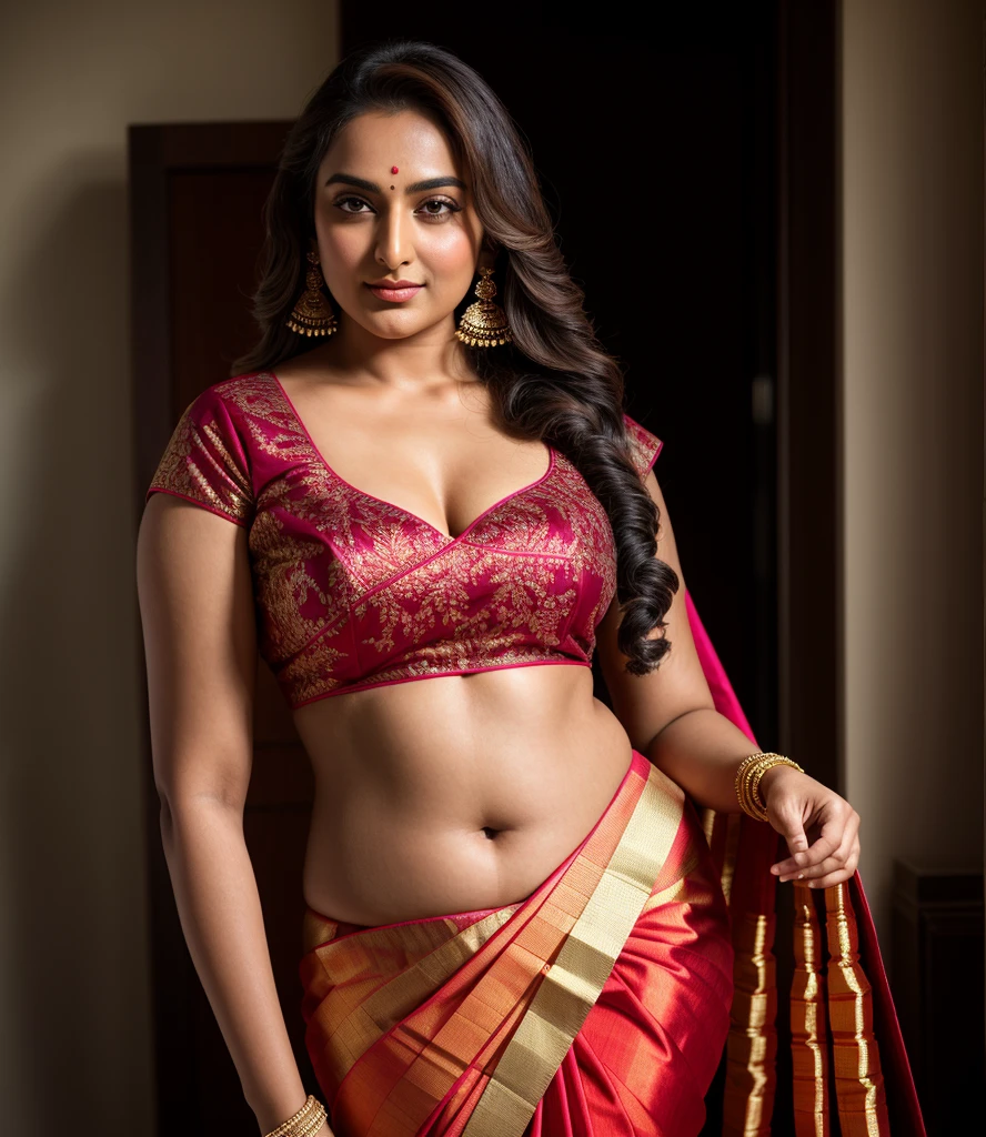 night scene, close up photo of a sexy married bengali woman, posing, curvy body, wearing saree, large breasts, cleavage show, chubby cheeks, deep navel, navel piercing, nose ring, earring, seductive face, looking at the camera, dark red lipstick, black saree with red blouse, 50 yo, soft volumetric lights, (backlit:1.3), (cinematic:1.3), intricate details, (ArtStation:1.2)