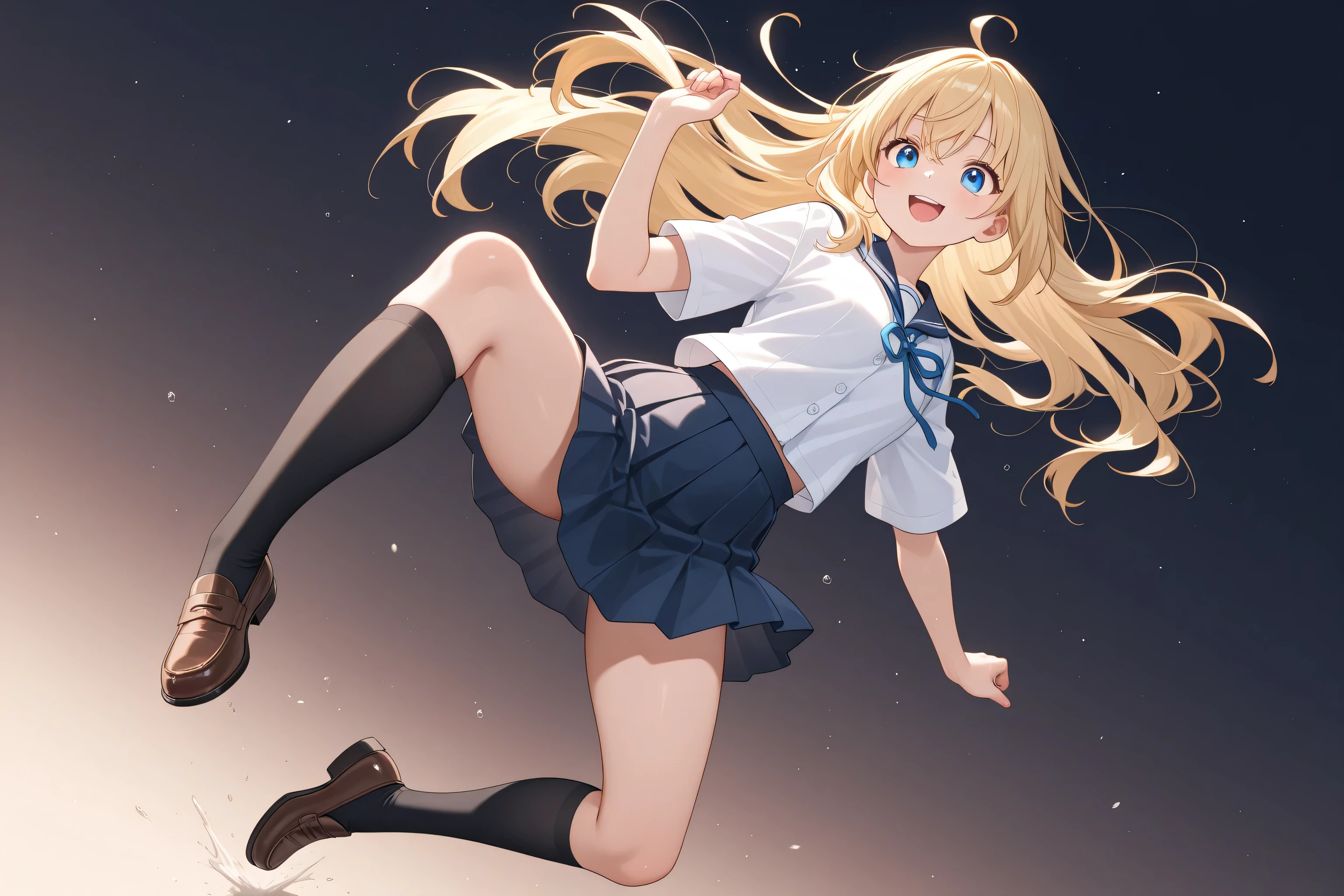 Very nice and beautiful, Anime Style, pretty girl, (Standing Split, Standing on one leg:1.2), One Girl, Long Hair, Blonde hair, Yellow ribbon, White shirt, White panties, Blue tie, Blue Skirt, Black knee-high socks, (Thin thighs: 1.1), plein air, wind