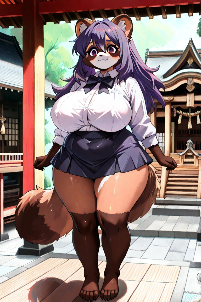 1girl, solo, Anthro, furry, cat girl, purple hair, ((dark skin)), ((dark skinned female)), cat ears, ussbbw, insanely inflated hips, insanely inflated belly, ((ussbbw weight gain)), ((obese)), insanely inflated thighs, fat rolls, fat arms, fat legs, tall, tail, midriff, navel, shiny skin, insanely wide thighs, cleavage, ((widest possible thighs)), ((inflated thighs:1.10)), thigh bulge, sumo wrestling attire, mawashi, sweaty, squatting, dojo, bare breasts, ((inflated belly:1.20))