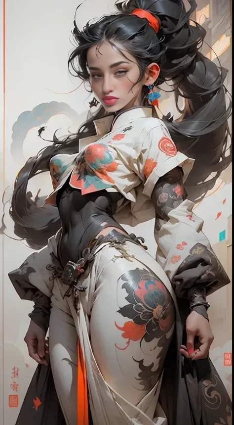 wuxia,vector art,1ebony woman with tattoos,black hair,white clothes,super colorful,luminous colorization,sharp, cinematic,dof,35mm,pintura luminosa