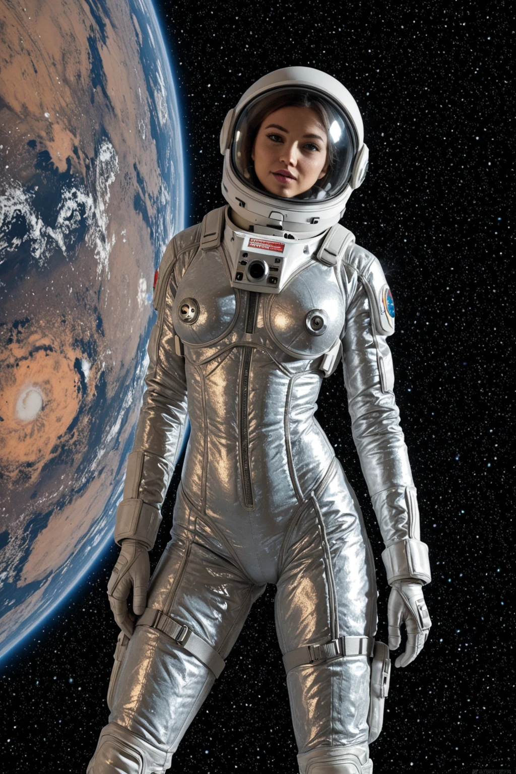 (Muscular:2), (thick thighs:1), (large round breasts:1), (large muscular chest and shoulders:1.4), FEMALE, brown hair, long brown hair, (big smile:0), (wearing a tight damaged dirty white spacesuit:1.5), looking at viewer, (three quarter view:1.2), upper body view, (smoky forest at night:1.5), dark lighting, detailed skin, detailed eyes, (dark skin:1.4), (very thin waist:1.3), (huge round muscles:1.5),