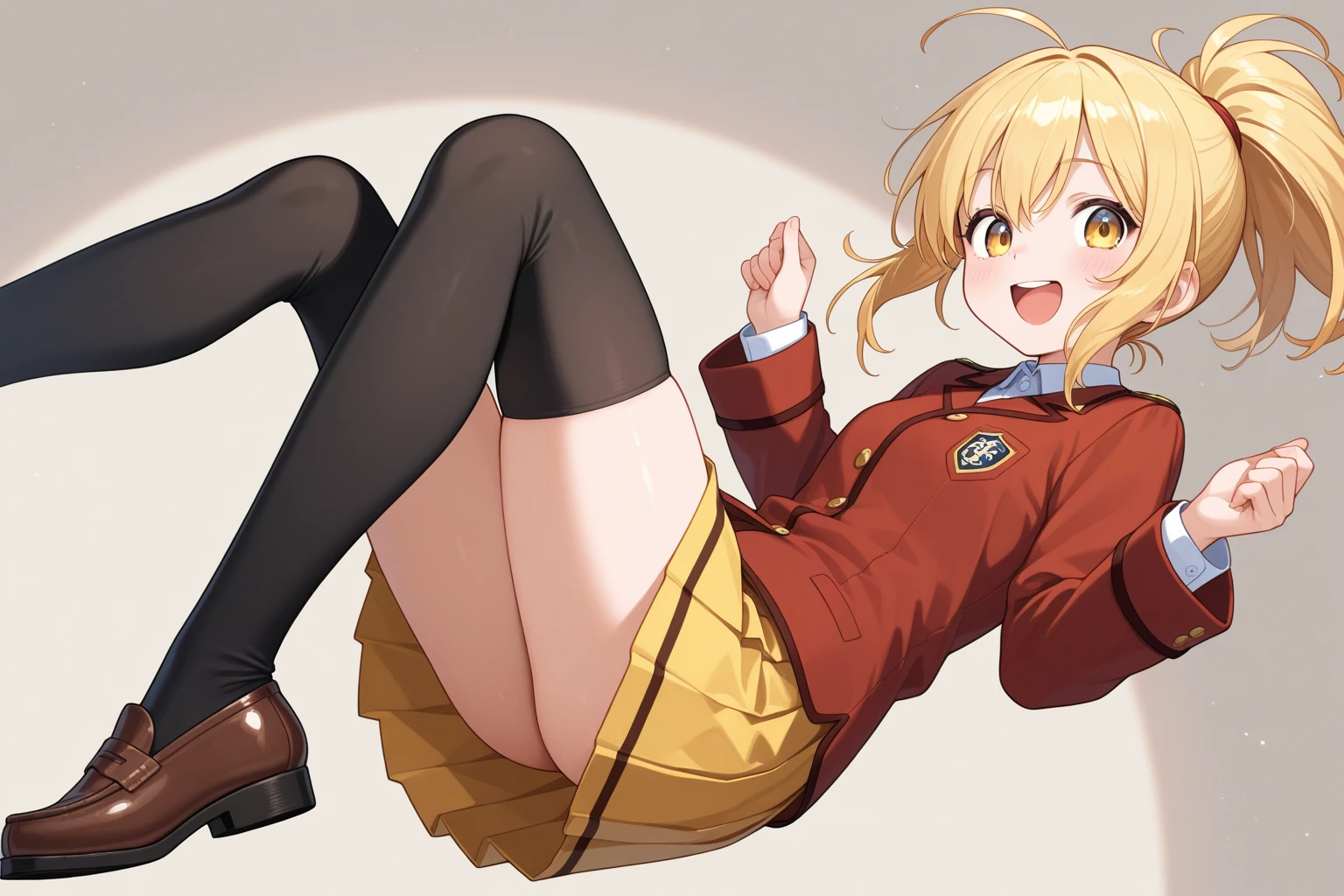 Hoshizora Rin、lovelive 、share indirect write、One girl in a mini skirt, Sit with your legs wide apart、A seductive smile、Looking down at the viewer, Thighs, Highest quality, Thighsに注目, Spread your legs wide, smile, blazer, blouse, Yellow panties、Black knee socks, classroom,,Thighsの股間が蒸れてる 、Sweaty knee socks、Show the soles of your feet、Sweaty feet、Stain on the pussy line of panties、Five toes