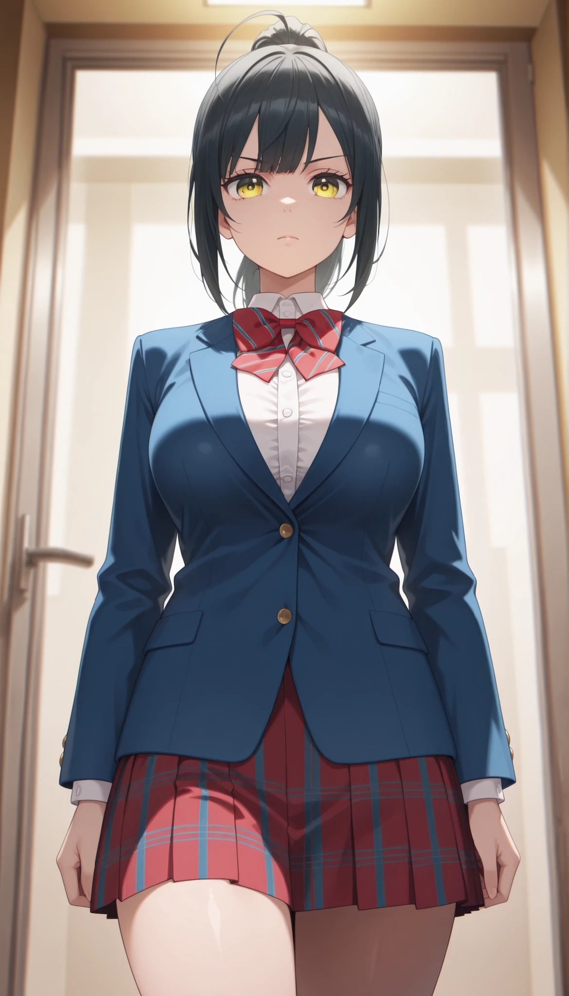 masterpiece, best quality, 1girl, solo, straight-on, 1girl, black hair, yellow eyes, ponytail hair, ahoge, school uniform, white shirt, frill shirt, long sleeves, red bowtie, red skirt, blue skirt, blue jacket, serious face, striped bowtie,plaid skirt, pleated skirt, thigh, cowboy shot, walking posture, glossy lips, long hair, large breast,from below