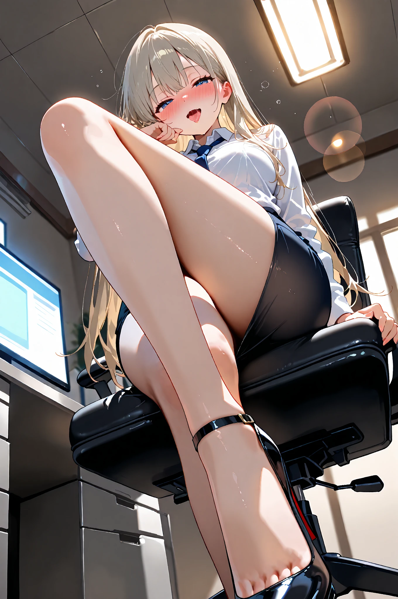 full body photo of a beautiful sexy secretary wearing extremely short skirt and seamed stockings, stands_straight, ((solo)), adult, in the office, high heels, craves sex, strokes_herself