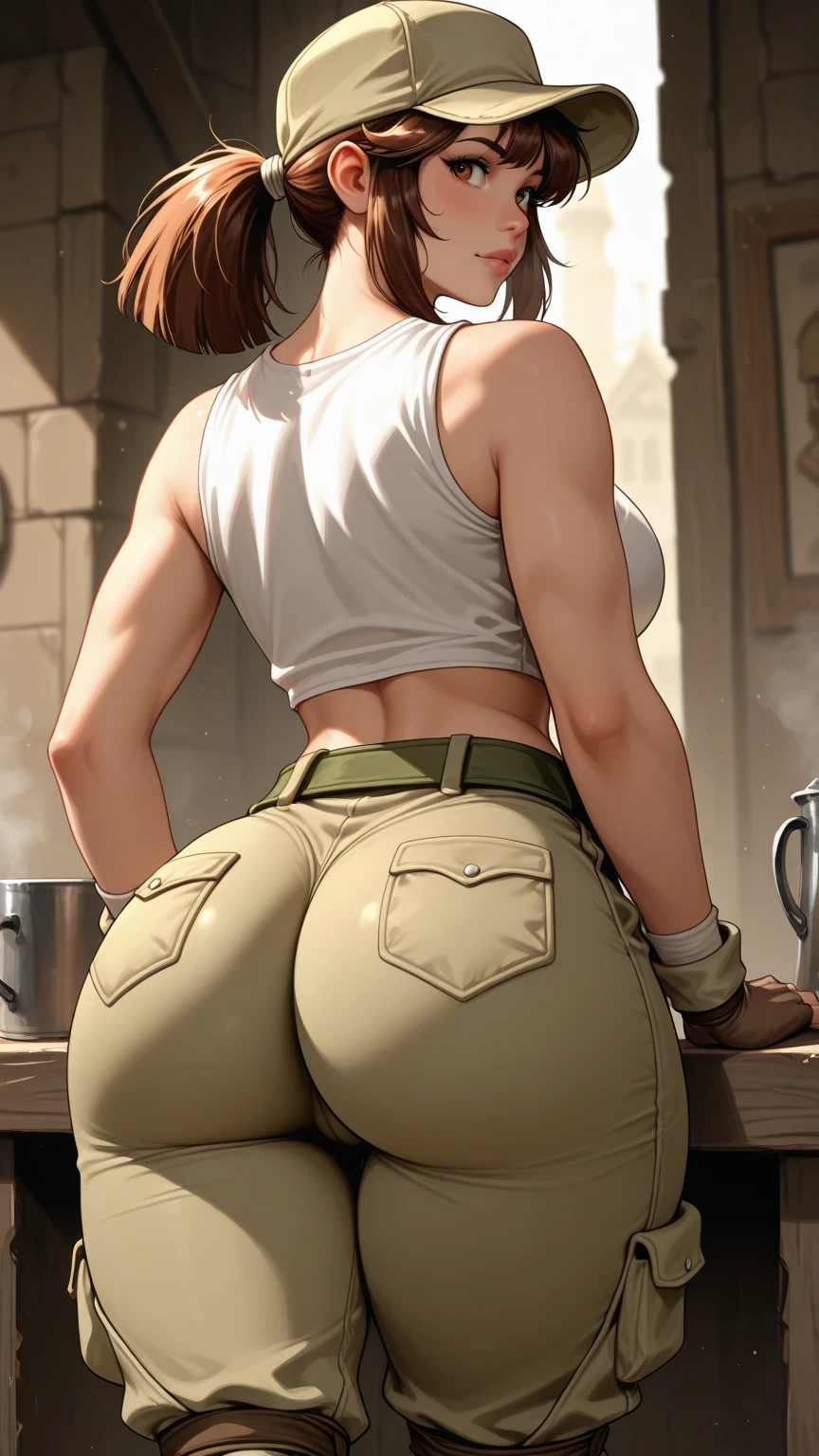 anime girl in shiny gold pants and a brown shirt, cutesexyrobutts, thicc, snk, cushart kenz, (sfw) safe for work, makoto, quiet from metal gear solid v, quiet from metal gear solid, makoto shinka, giantess art, extremely high detail!!, makoto shinkai ( apex legends )