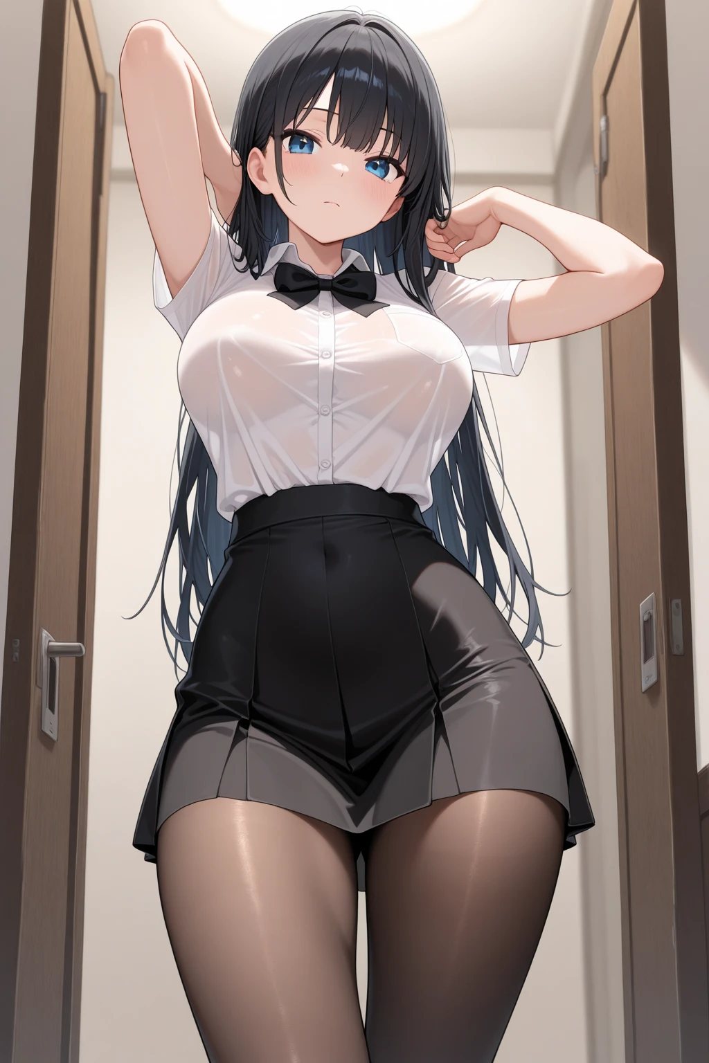 adulto, Cabello negro ondulado, mirada penetrante con ojos profundos de color rojo, estatura promedio, Silky hair with a ponytail hairstyle collected with a red bow with two white lines, tiene pechos medianos, primer plano, session, standing in the middle of his room [[[Risa malvada]]] , Sonrojada, muslos grandes, falda corta color negra, blusa corta de tirantes blanca, elfa, showing her ass to the camera, lifting her skirt so that her panties can be seen, skirt rising,falda corta, falda llegando hasta la mitad del culo, bragas blancas, mojada, se levanta la falta hasta arriba dejando ver todo su culo, tiene vajina 