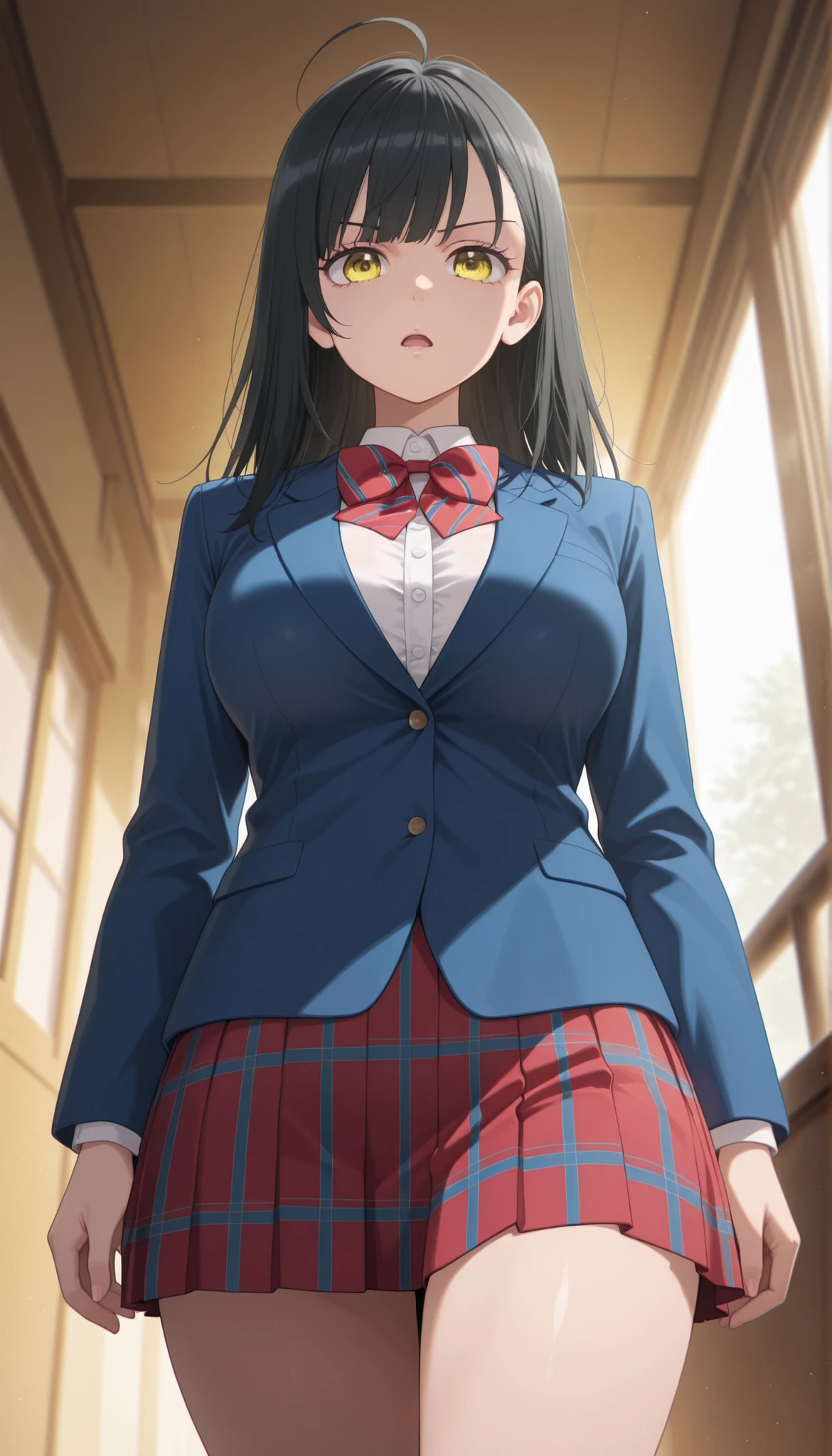 masterpiece, best quality, 1girl, solo, straight-on, 1girl, black hair, yellow eyes, long hair, ahoge, school uniform, white shirt, frill shirt, long sleeves, red bowtie, red skirt, blue skirt, blue jacket, serious face, striped bowtie,plaid skirt, pleated skirt, thigh, cowboy shot, walking posture, glossy lips, long hair, large breast,from below ,open mouth