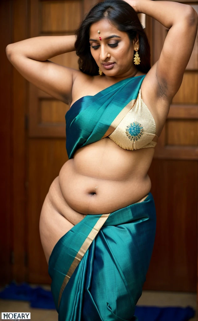 Foto RAW, photorealistic, photography, full body shot, 50 years old Woman, master shot, perfect eyes, goddess like beauty, pierced eyes, perfect thick chubby mallu Desi aunty bhabhi, Wearing a Stanapatta, a chest-band.Saree model, model Photography, Indian saree shoot, Indian traditional wear advertising photography, traditional wear brand shoot, face of Indian actress Sonakshi Sinha, masterpiece, realistic, realism, incredible details,  pleasure, photorealism, detailed skin, skin pores, high contrast, photorealistic Artstation 8k HD digital art trend of high definition and detailed realistic skin texture, ultra detail, realistic skin texture, armature, best quality, ultra high definition, (photorealistic:1.4),, high resolution, detail, raw photo, sweat, Re sharp, by Lee Jefferies Nikon D850 Film Stock Photo 4 Kodak Portra 400 Camera F1.6 Lens Rich Color Ultra Real Realistic Realistic Textures Dramatic Lighting Unreal Engine Trending at Art Station Cinestill 800,(pele altamente detalhada: 1.2), 8k UHD, DSLR, soft-lighting, alta qualidade, grain of film, Fujifilm XT3,she didn't like to wear blouse or bra, she is happy to wear only saree, she hates blouse or bra, detailed hairy armpits, hyper realistic skin, skin pores, sweat, veins, short hairs on armpit, stubble armpits, hyper realistic hairy armpits, low waist saree, 