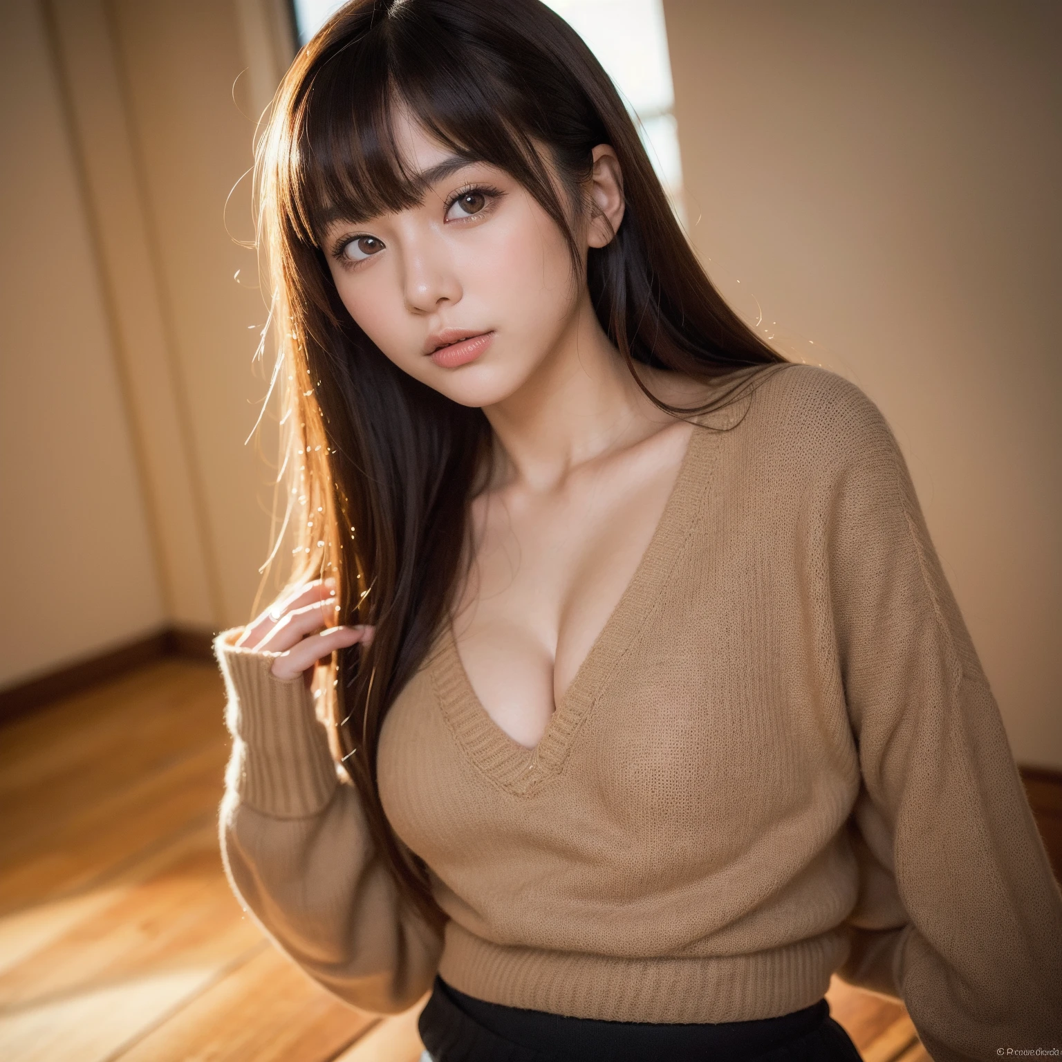 Highly detailed CG Unity 8k wallpaper, top quality, super detailed, masterpiece, realistic, photo realistic, (full body:1.2), very detailed cute girl, ((Sitting)), 25 years old, big breasts, wearing only oversize fluffy sweater, (forehead, long hair), soft lighting, wind, shiny skin, looking at viewer, smile, closed mouth,