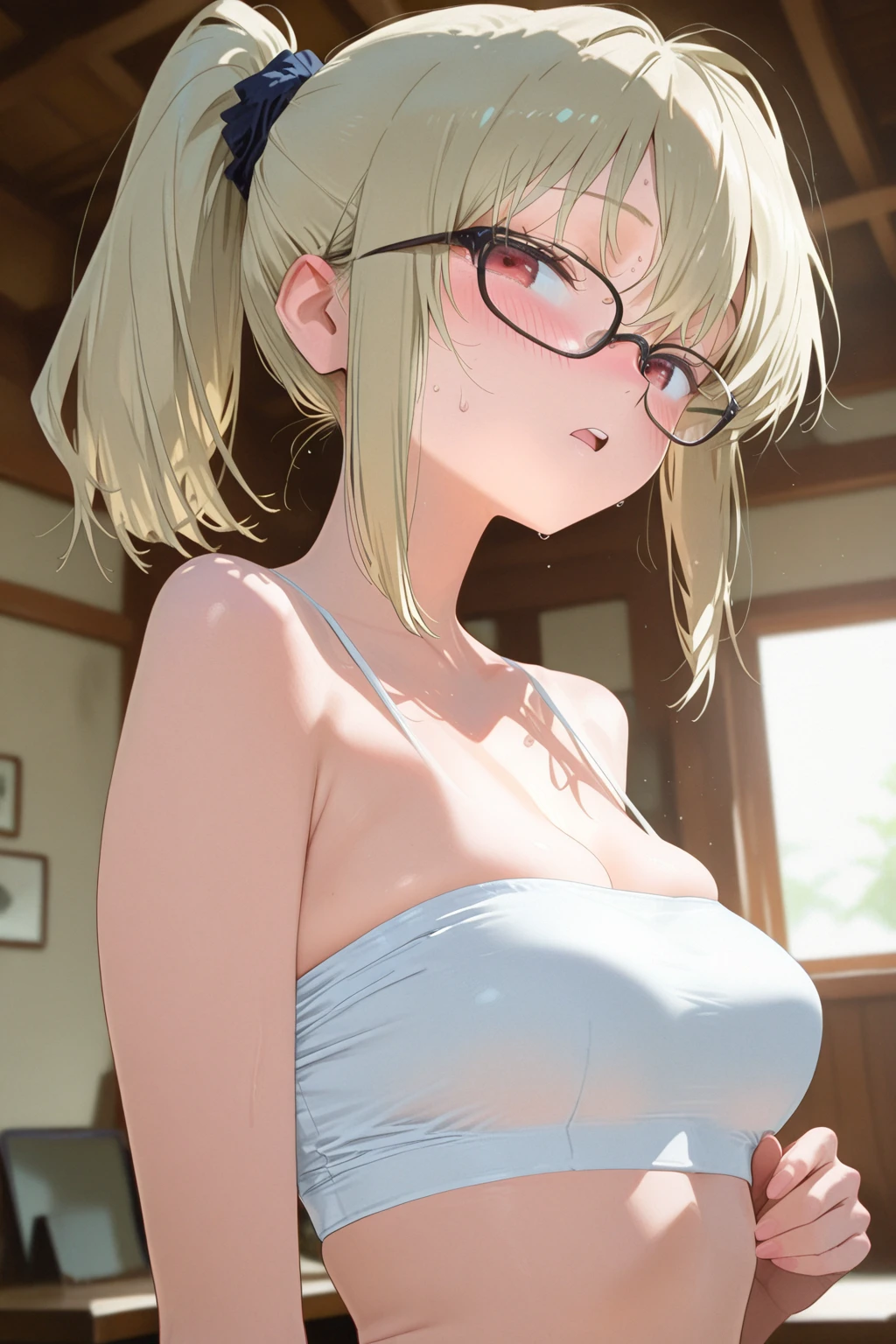 1 girl, stripes, body of , very detailed eyes, 14 years old, Blonde hairstyles, short hairstyle, rift, sensual mouth, Big breasts, The donkey faces the viewer., Return to the screen., smile, Sexy Shorts, Micro shorts 1.6, Ultra HD |, 4K images, glasses, Characters near the camera, hair details, Chewing gum production