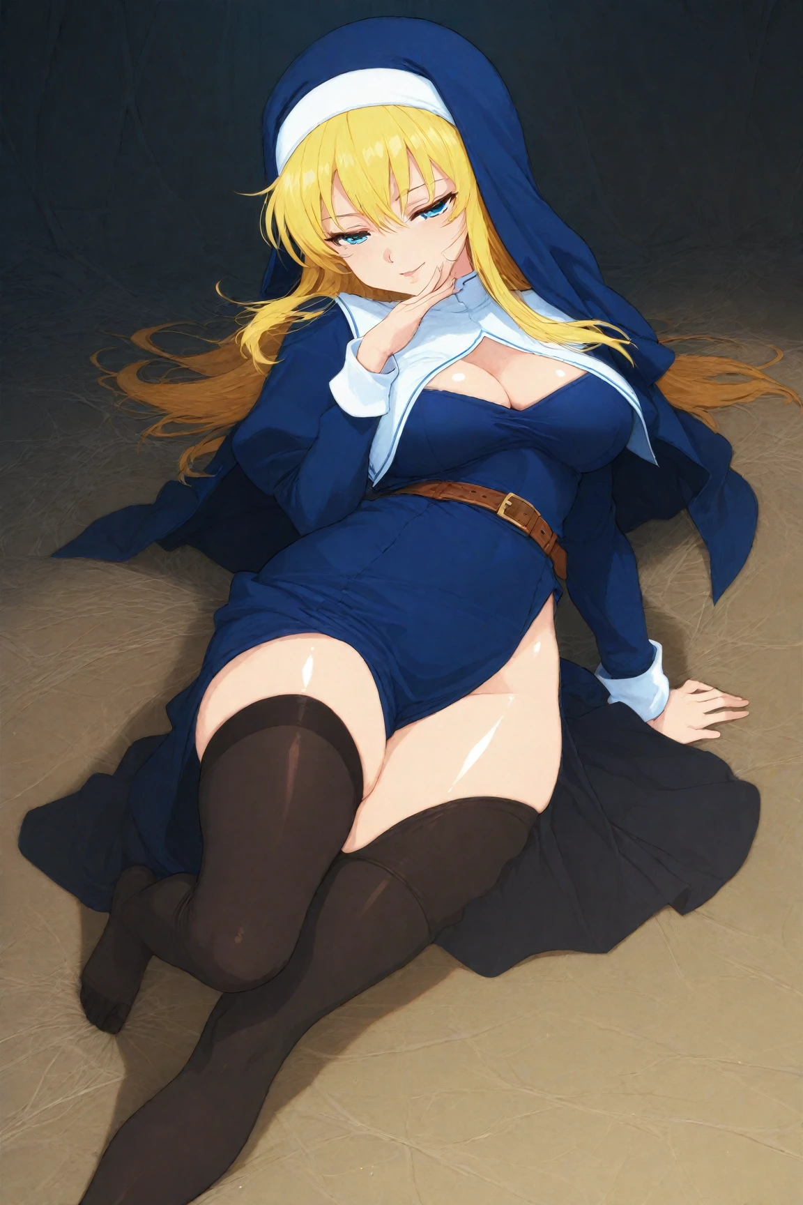 1 Anime Girl, (((Black Dress))), (((Sitting on a red couch))), (((blond hair))) (Long Hair), (((blue eyes)))), ((sexy pose)))), (((mischievous smile)))) , (((folded leg exposing the thighs))))), ((showing the panties)))), ((wearing socks fishnet thigh highs))), ((large breasts)), (veil))))
