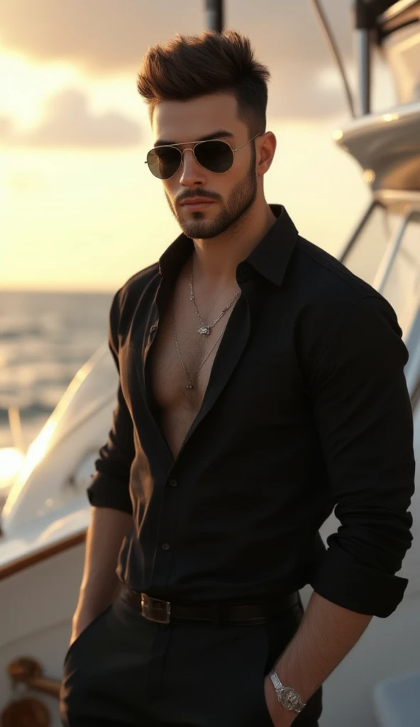 A handsome man with a perfect slim face wearing a long black Dracula suit without a shirt, a cloudy sunset sky, a sun hiding behind a water trail that matches the dancing sun
