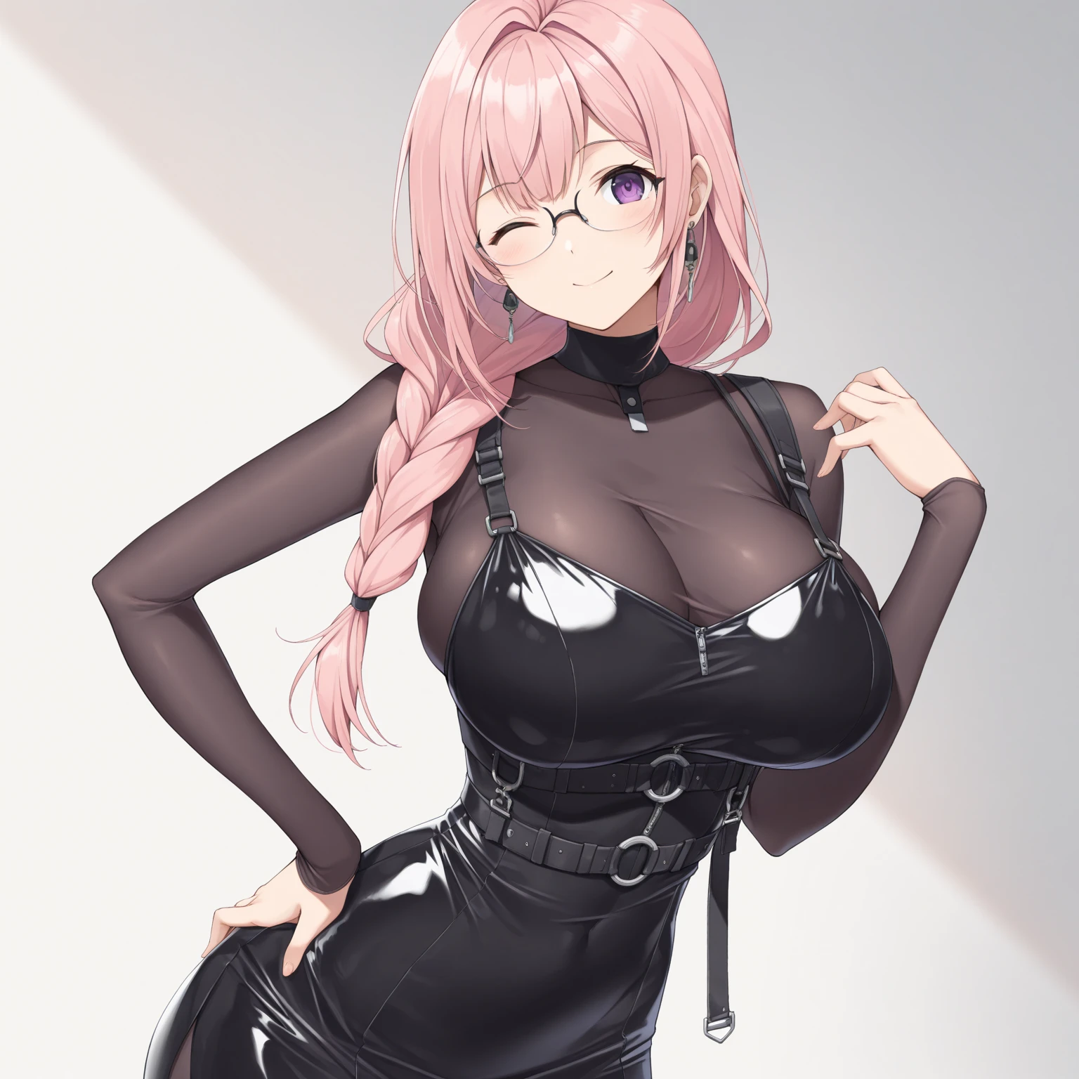 pink hair, black spectacles, black bra, big breast, sweaty cleavage, miniskirt, side slit, black boots, thick thighs