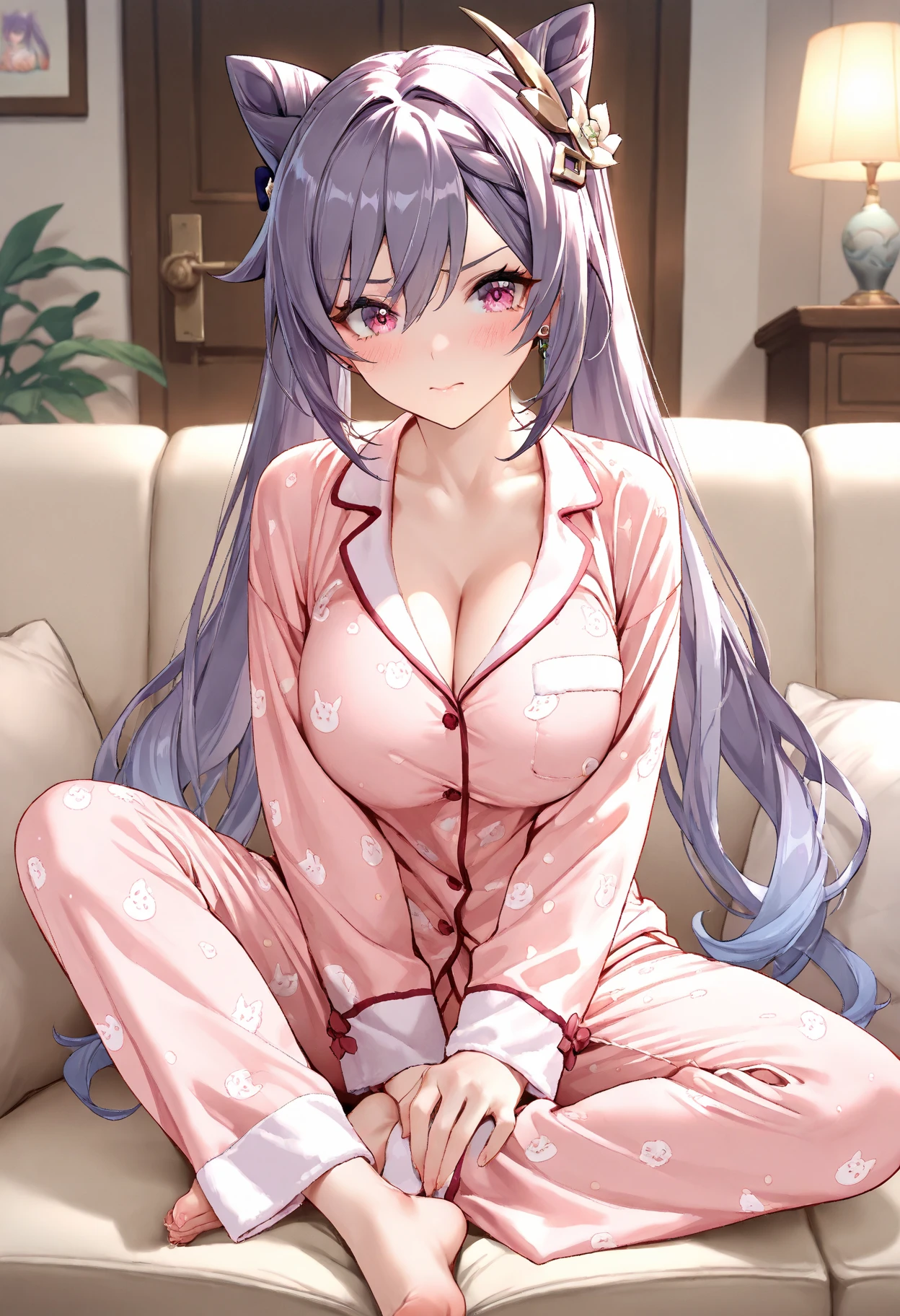 (Masterpiece of the best quality:1.2)，Top image quality，Top animation quality，Soft light filter，solo，low angle，A woman，extremely detailed neat hair，neat bangs，Beautiful pupils，Smile，(Wearing pajamas and pantyhose:1.08)，Sitting on the sofa，(A black snake coiled around her body:1.2)，Black python，[sexy feeling]