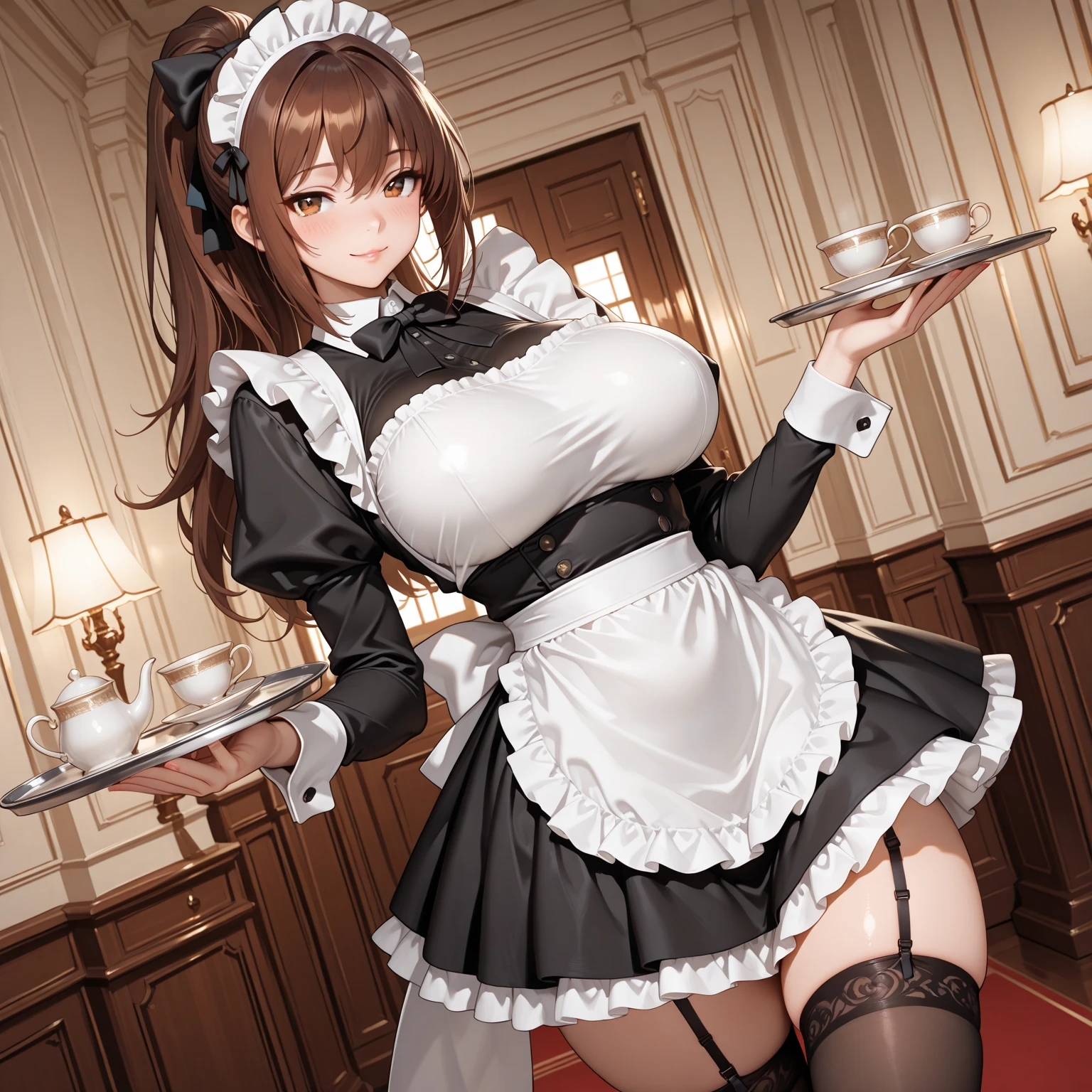 A classy and sophisticated teacher wearing glasses playfully dresses up as an french maid with a short skirt and black stockings, revealing her ample bosom and