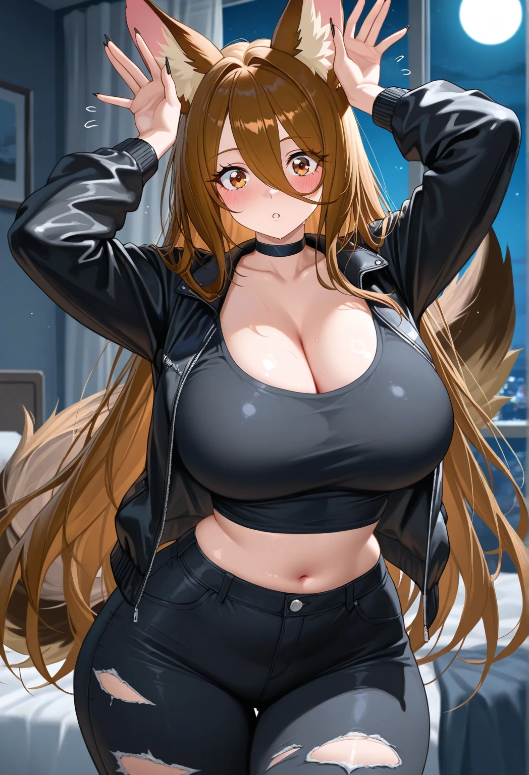 A Gorgeous Curvy Girl, Excessively Massive Breasted, Enormous Butt, Overwhelmingly Very Large Breasts, (Lush, Long Dark-Brown Hair), Big Beautiful Blue Eyes, (worn Black-Leather-Jacket), ((Dark-Blue Spandex Crop top)), and (heavily worn Jeans), close-up shot, with a slightly seductive expression, and a soft grin, big cleavage,