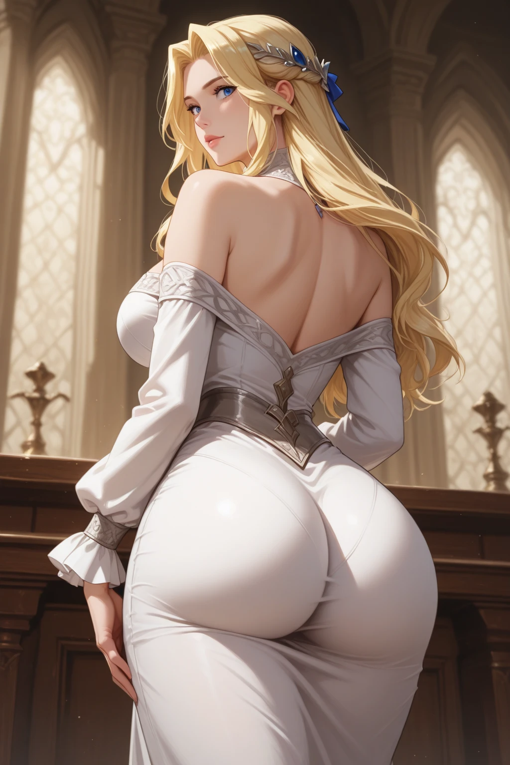 A very tall and voluptuous human female, long blonde hair, white clothing, medieval period, mif, nsfw, mature woman, big ass