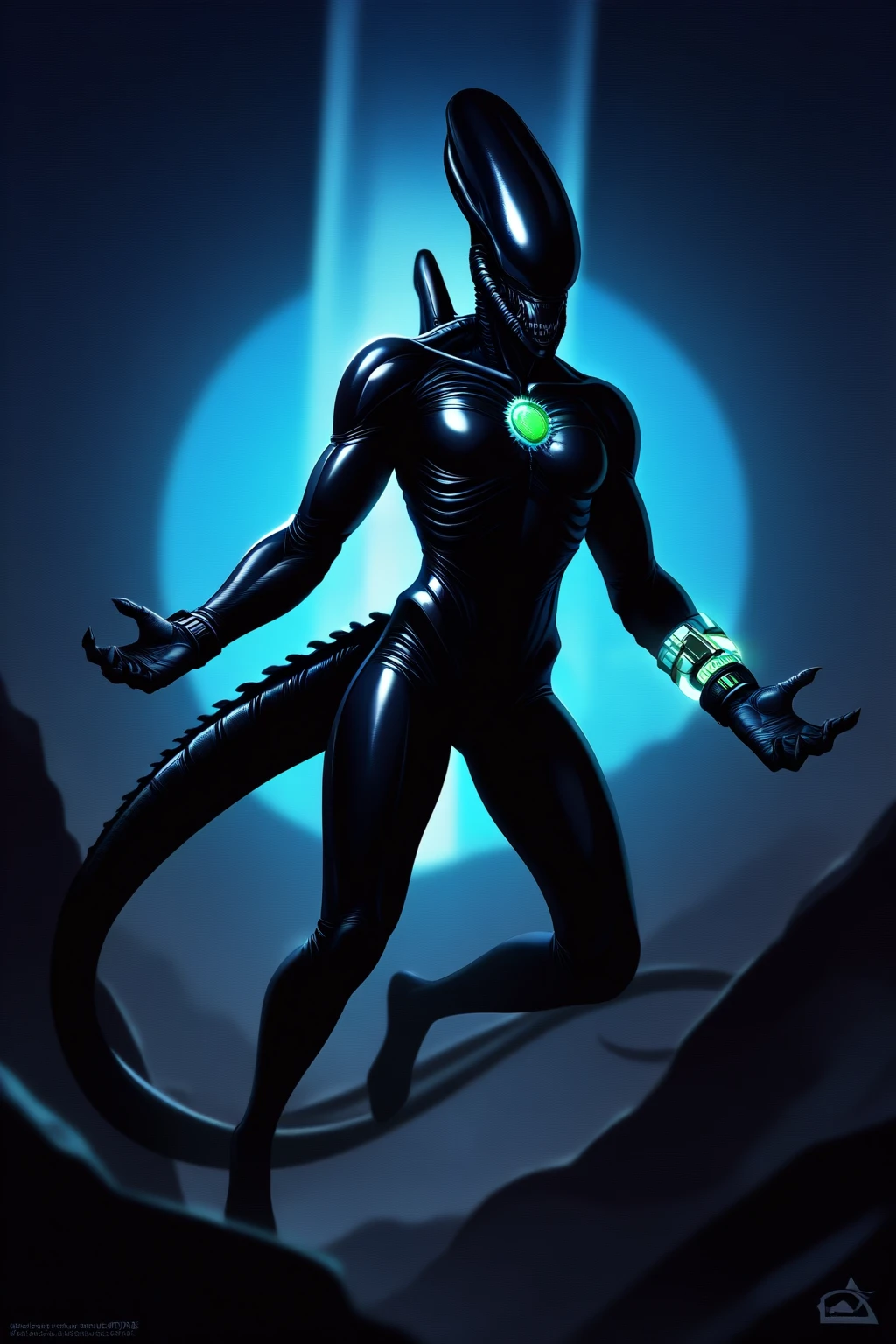 Masculine alien, sexy, skin tight clothes, color theme whites and greens