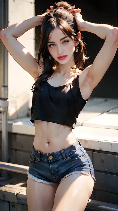Una mujer con un top negro y jeans rotos posando para una foto., Llevar un sexy top recortado, Kailee Mandel, Hermoso midriff, pose casual, she is about 1 6 years old, Llevar un tops recortado, 19 year old girl, 1 6 years, 18 years old, con el pelo largo, Llevar un lindo top