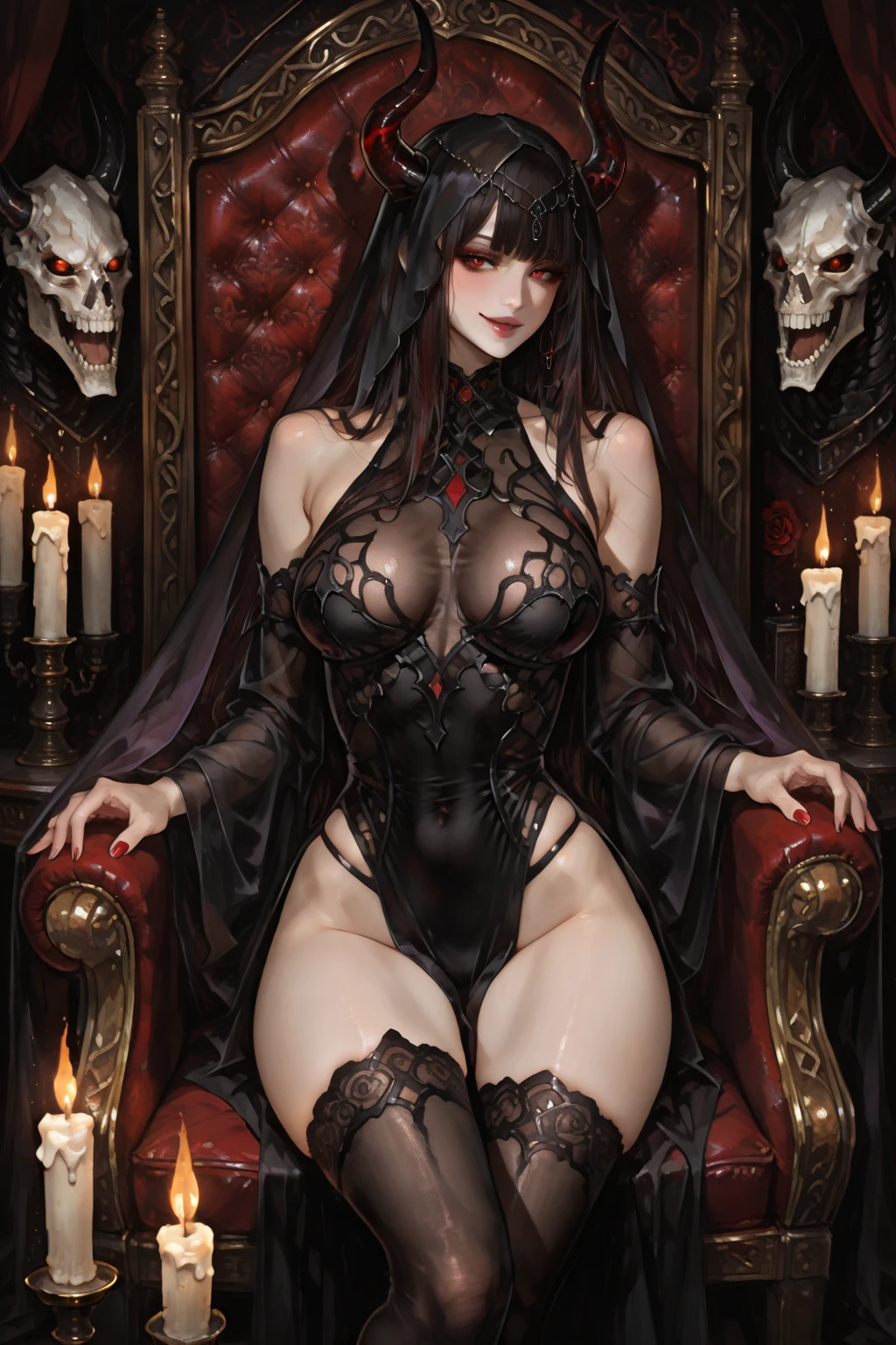 (best quality,highres:1.2),ultra-detailed,realistic,portrait,high fantasy,sexy busty Malaysian woman(age 40),jewel hijab,bikini,tames a devil,arcane chamber,well-lit room,vibrant colors,exquisite details,seductively poses,confident expression,mesmerizing eyes,long wavy hair,fine jewelry,ornate tattoos,chiseled features,soft skin,golden light,elaborate spell casting,richly decorated surroundings,enchanted atmosphere,mythical creatures in the background,elaborate tapestries,handsome yet sinister devil,subdued black and red color scheme,gentle candlelight,Northern European architecture,ethereal shimmer,curved horns,dark wings,burnished scales,dangerous yet alluring presence

