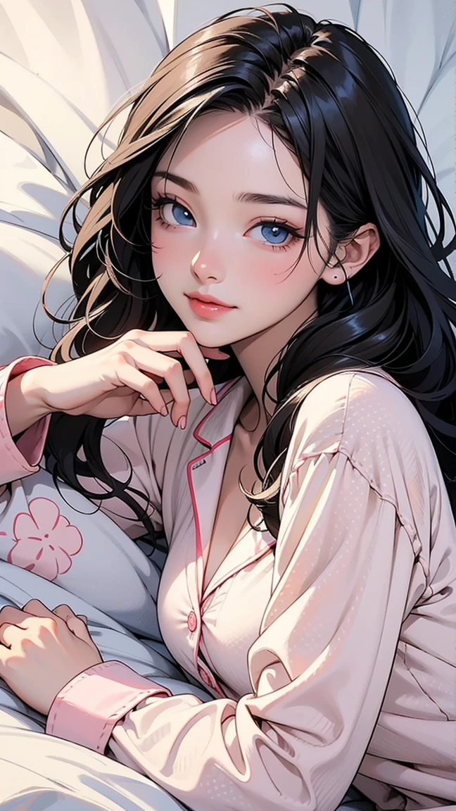 1girl, yawning:1.3, close eyes tightly:1.2, wearing soft pastel pajamas, sitting on a cozy bed with fluffy pillows, starry night sky background, delicate and cute facial features, beautiful detailed eyes, beautiful detailed lips, extremely detailed face, long eyelashes, warm soft lighting, cinematic composition, detailed fabric textures, muted color palette, dreamlike atmosphere, (highest quality,16k,highres,masterpiece:1.2),ultra-detailed,(realistic,photorealistic,photo-realistic:1.37),intricate details,vibrant colors,warm lighting
