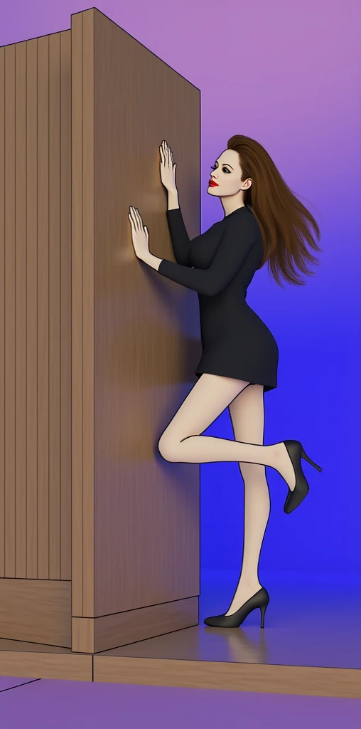 (graphic novel illustration, lineart:1.5),white background, shadow, strappado, bound wrists, a beautiful woman, long hair, , looking at viewer, from front, (bent over), bound wrists, full body, flat color, narrow waist, biting lips, very short black dress, black high heels, red rope, thin, shadow, arms up, wide hips, hourglass figure