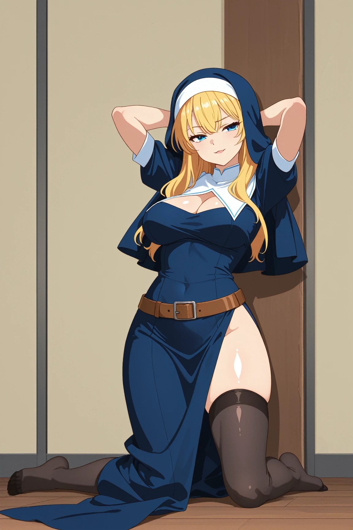4k, masterpiece, 1girl, solo, indoors, facing away, Anime nun stuck in a dungeon, highly detailed, doujin, fine details, anime styled, hyperdetailed!!, zerochan, leaking cum, by Shingei, highly_detailed!!, high contrast, long hair, blonde hair, hair with blue highlights, bimbo, bulging stomach, nun, black nun outfit, hood, uninterested expression, flat chested, (wide hips), spread legs, perky breasts, big ass, thick thighs, (covered nipples), clevage cutout, thigh gap, cleavage, deep cameltoe, 9-months pregnant, arched back, (18+), looking at viewer, cobblestone walls, pregnant belly clothing cutout, holding crystal egg, looking at viewer, best noise removal