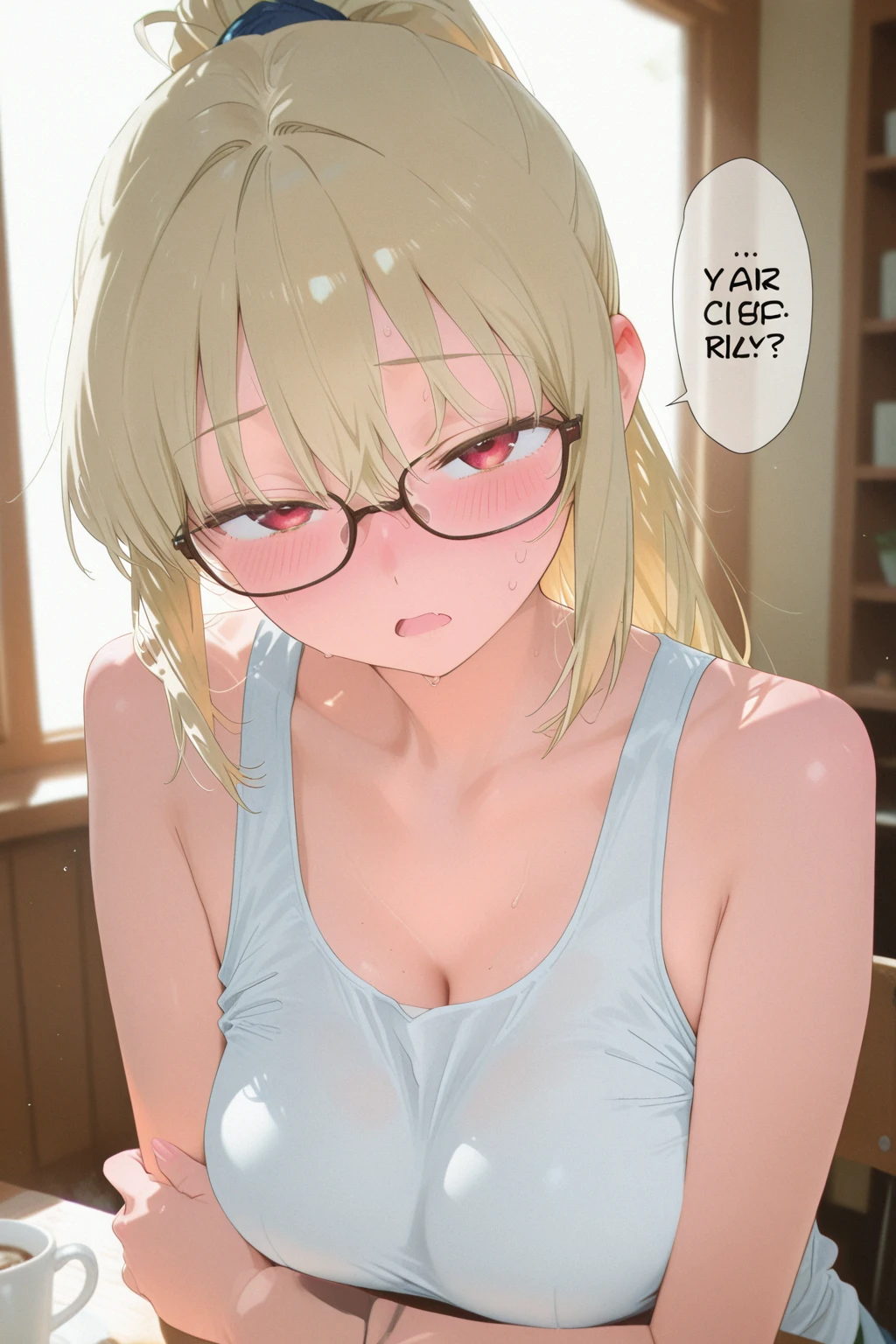 ((masterpiece)), (best quality), (detailed), (1 girl), <lora:Test-08:0.8>,white collared shirt,red eyes,short blonde hair, skirt,pov