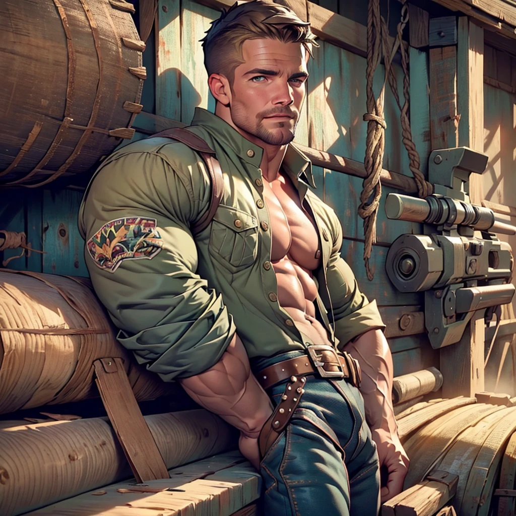 solo man ,32k, high quality , detailed face , detailed fingers ,detailed muscles , (((Stephen AMELL)))) wearing a cowboy outfit , unbuttoned vintage pants, shirtless, , , wearing a vintage cowboy fancy hat , a vintage belt with guns on both sides ,having a dark blond short hair , a thick facial hair , nipples, ,hunk and handsome, laying on his back in the hay in a stable , spread legs , volumetric lighting, Masterpiece detail stable and hay in the background